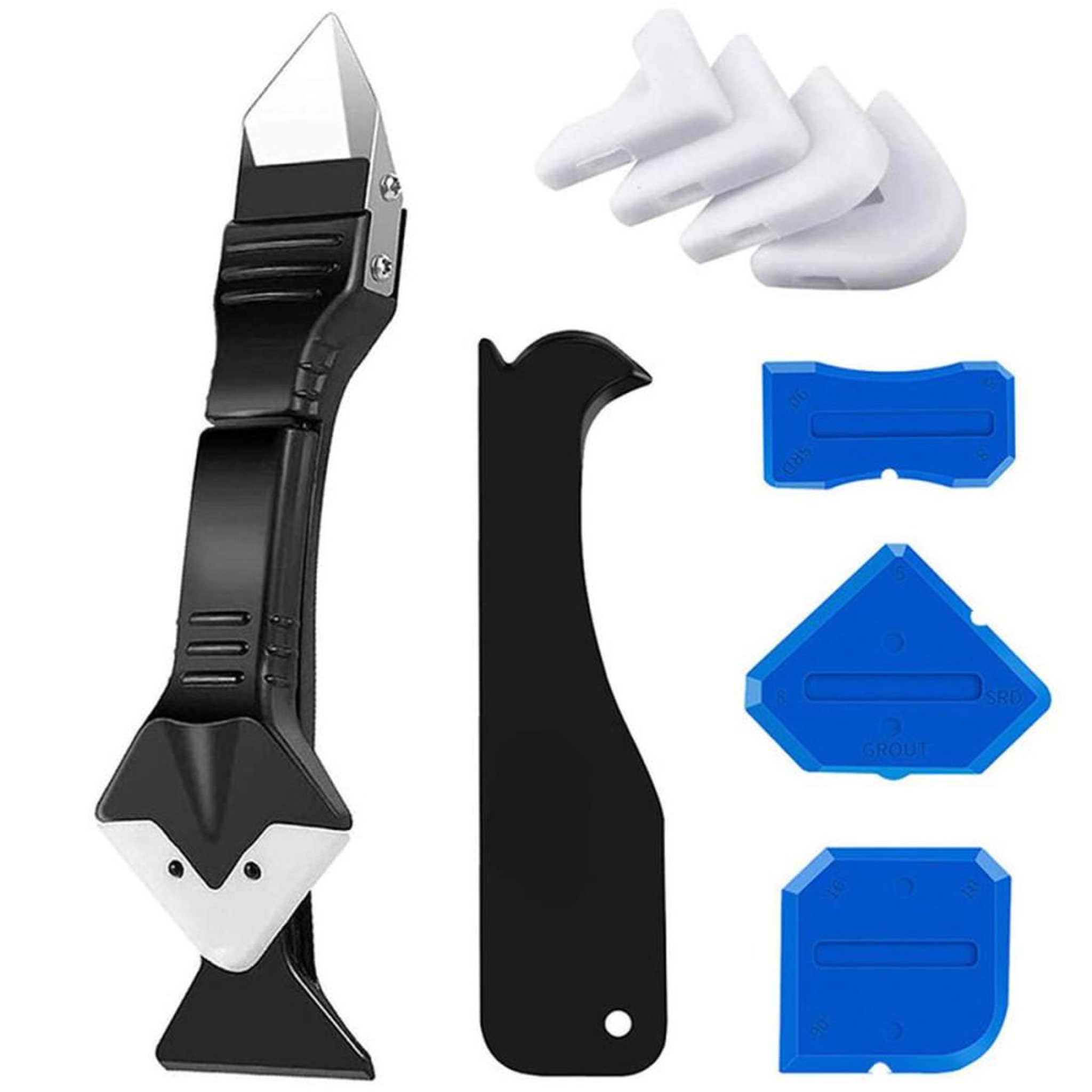 Kit outil 3-en-1 pour joints silicone : grattoir en acier inox, lisseur silicone et 5 patins interchangeables (3R, 6R, 10R, 13R, 17R)