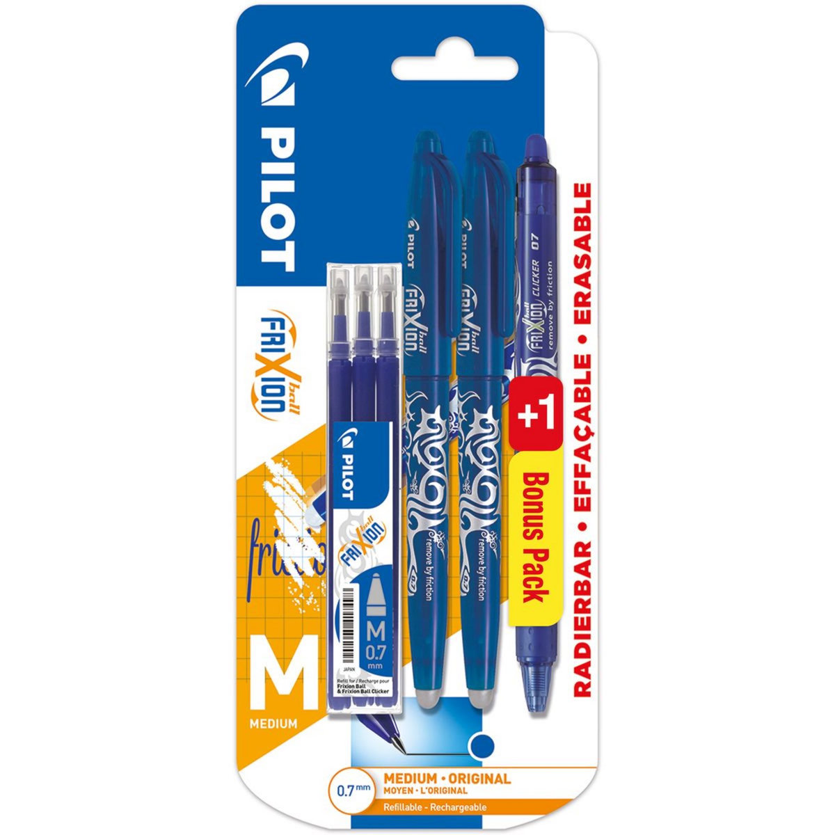PILOT Lot de 3 stylos effaçables bleu FriXion Ball + 3 recharges effaçables bleu