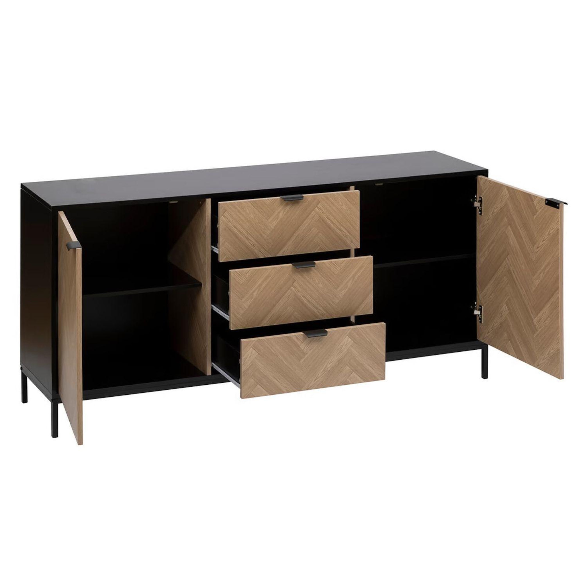 Voir la diapositive 3 : FIVE Buffet 2 portes et 3 tiroirs en bois et métal chevrons - beige et noir