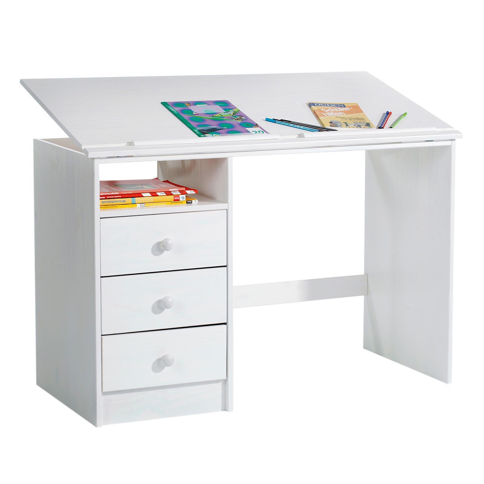 Voir la diapositive 1 : IDIMEX Bureau enfant KEVIN, en pin massif, 3 tiroirs et plateau inclinable