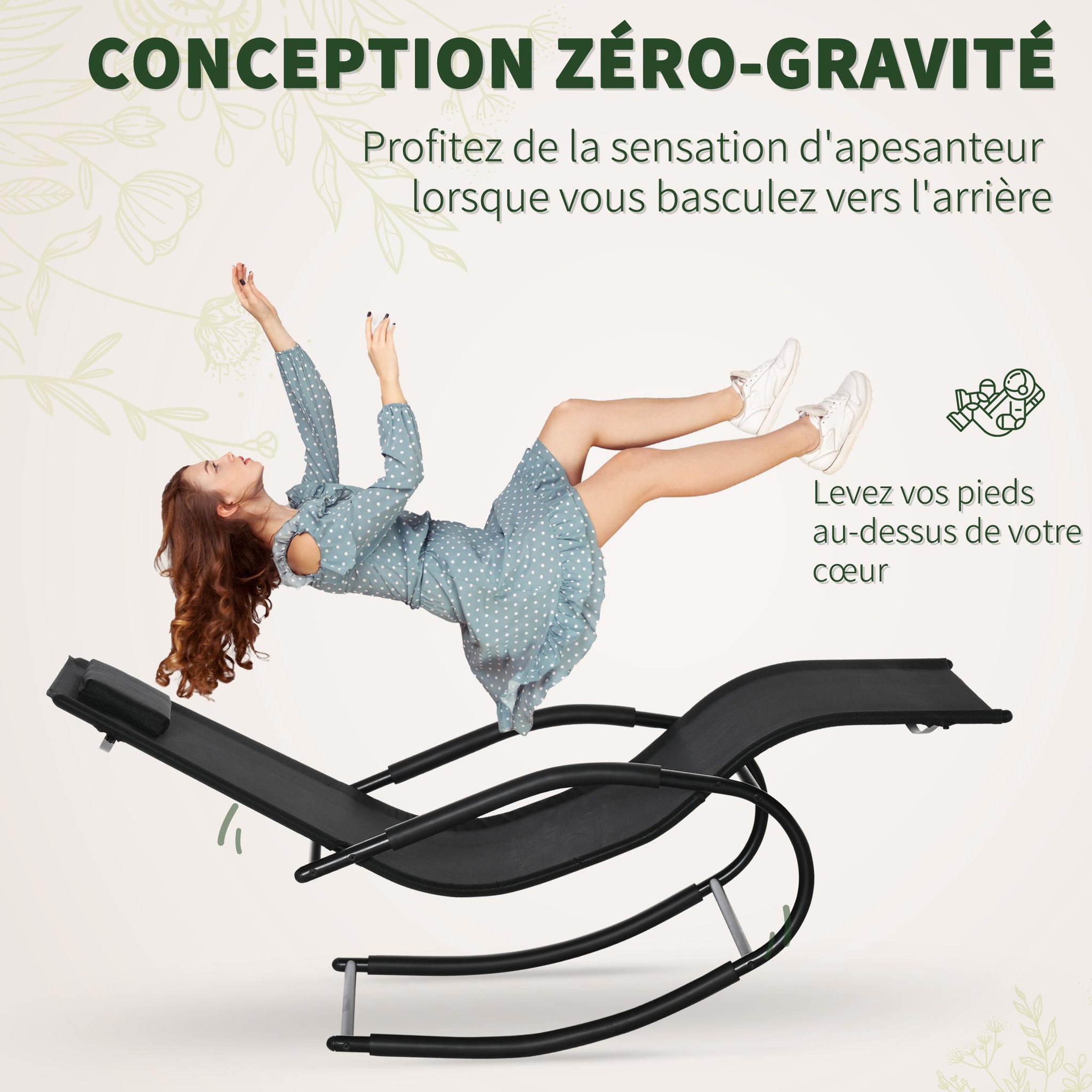 Voir la diapositive 6 : OUTSUNNY Chaise longue à bascule - rocking chair design - tétière, accoudoirs, assise dossier ergonomique - métal époxy textilène noir