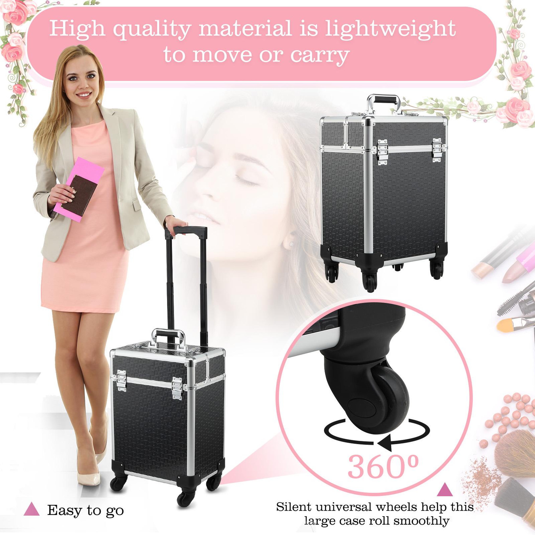 Voir la diapositive 4 : HOMCOM Valise trolley maquillage mallette cosmétique vanity poignée télescopique réglable 34L x 24l x 52H cm alu. noir