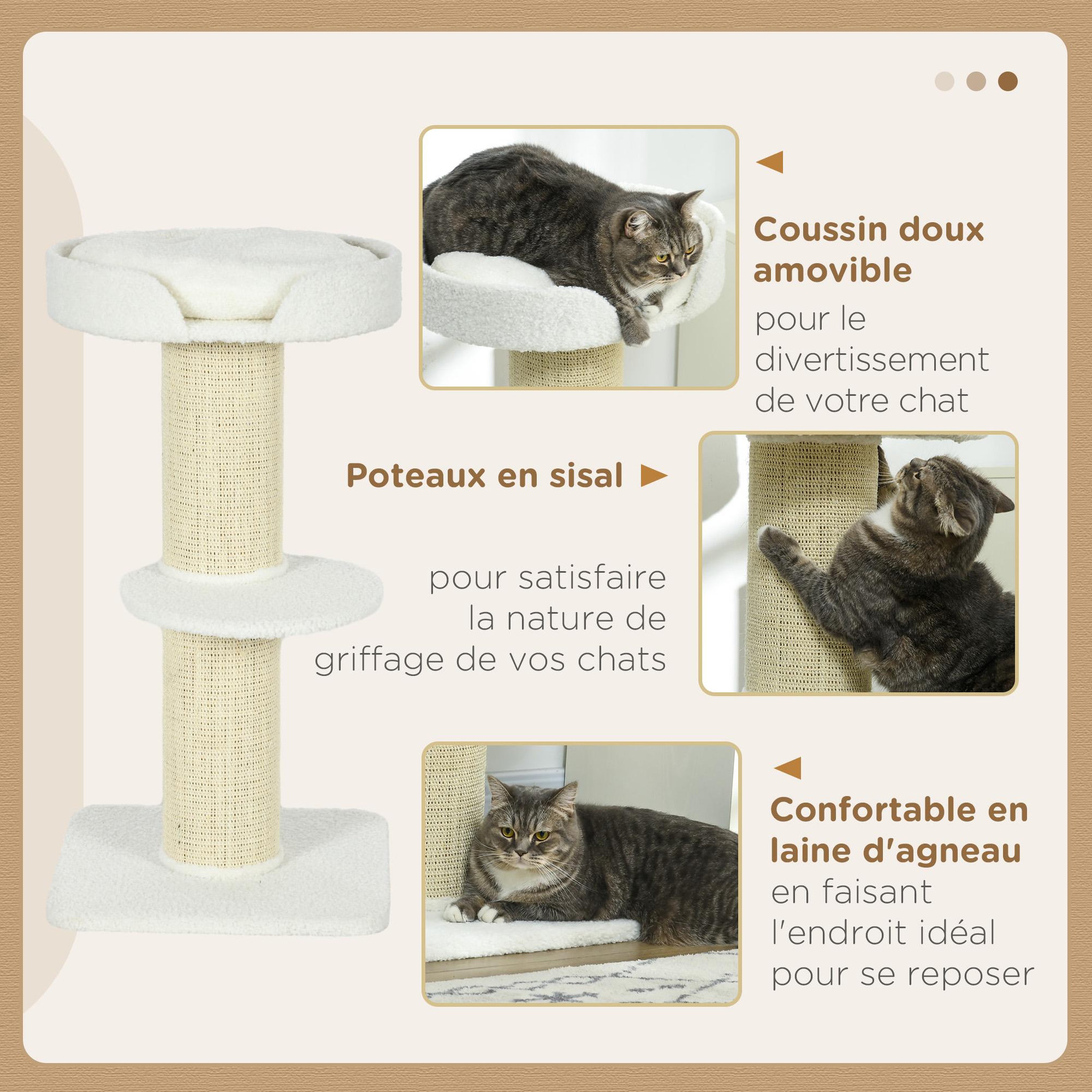 Voir la diapositive 6 : PAWHUT Arbre à chat avec griffoir centre d'activités 2 plateformes coussin crème