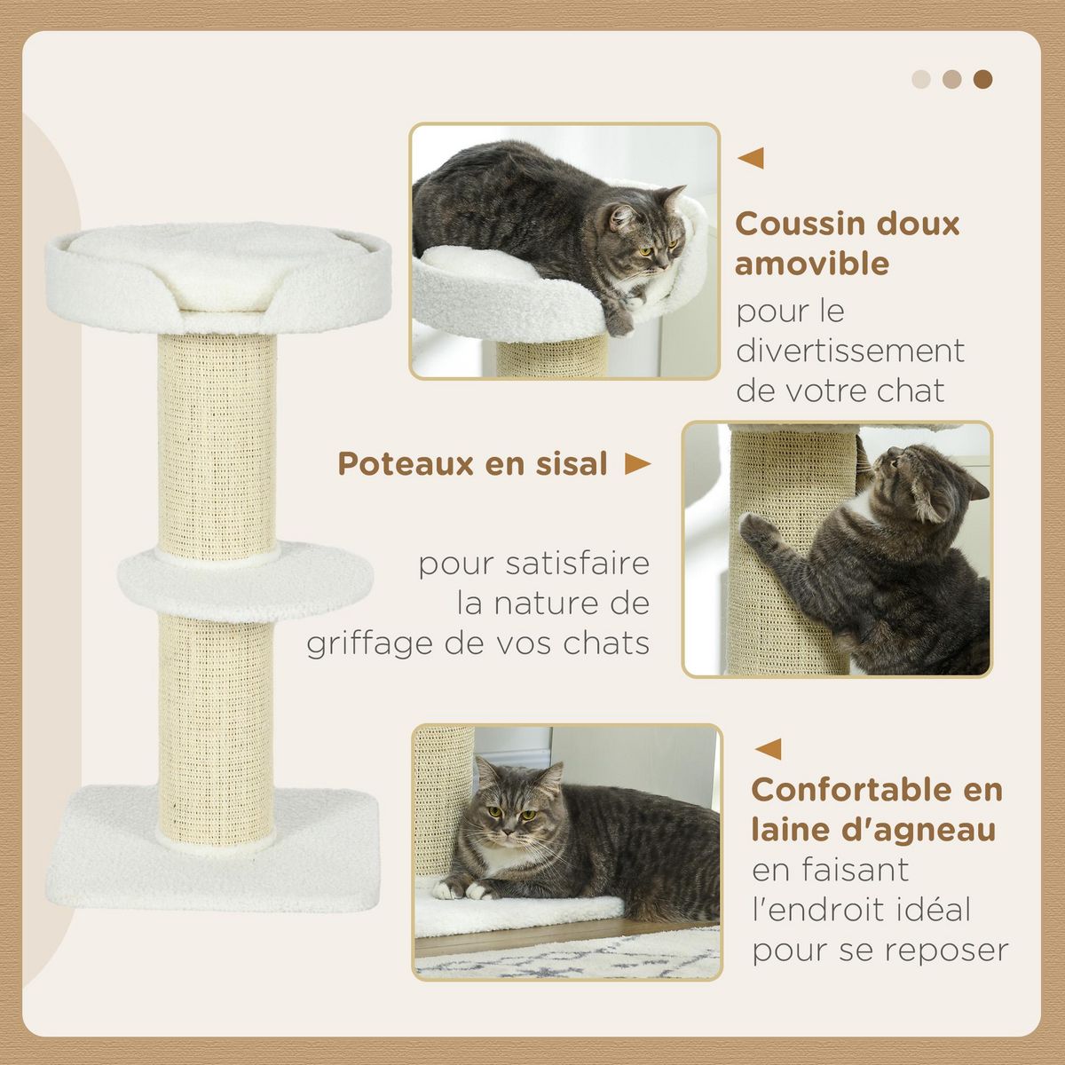 PAWHUT Arbre à chat avec griffoir centre d'activités 2 plateformes coussin crème