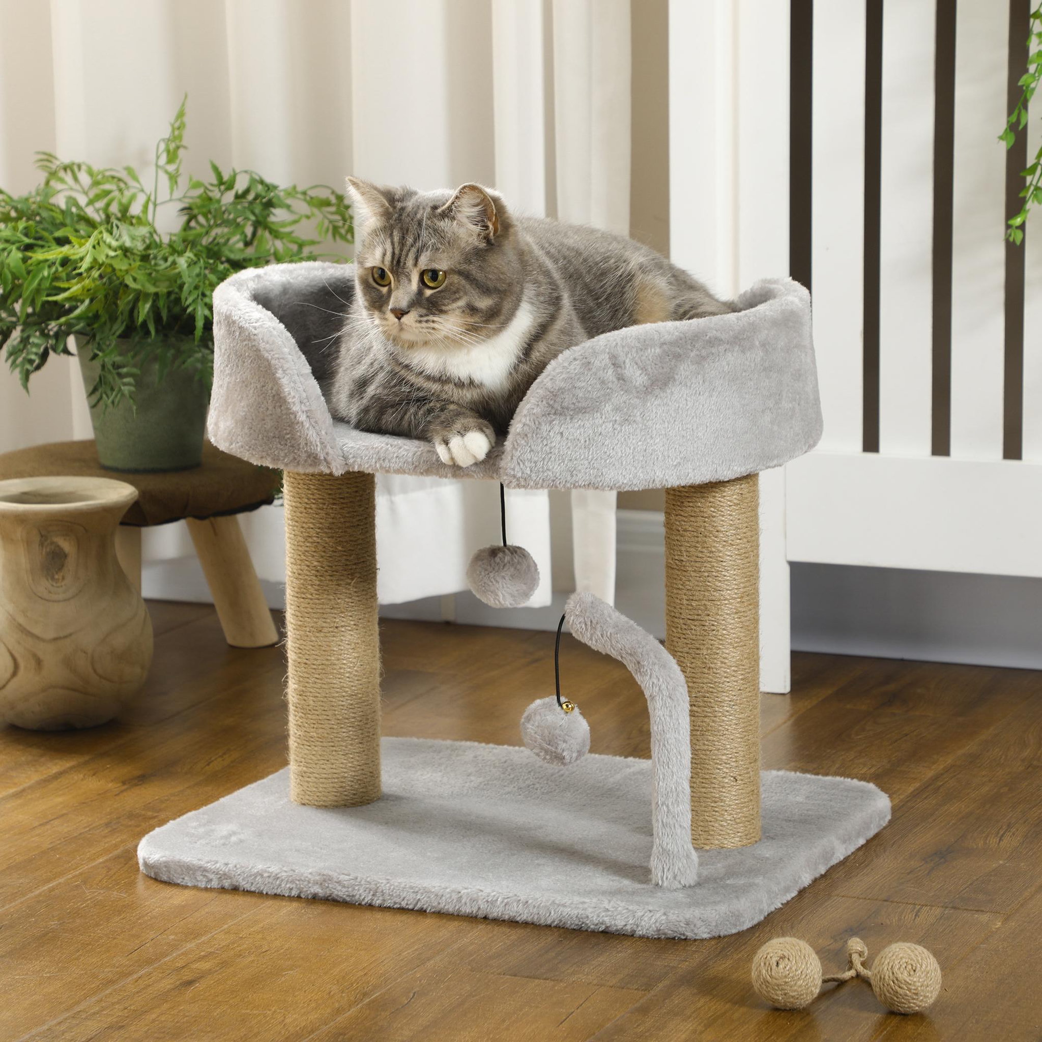 Voir la diapositive 2 : PAWHUT Arbre à chat 2 griffoirs jute naturelle panier jeu 2 boules suspendues avec clochettes peluche grise
