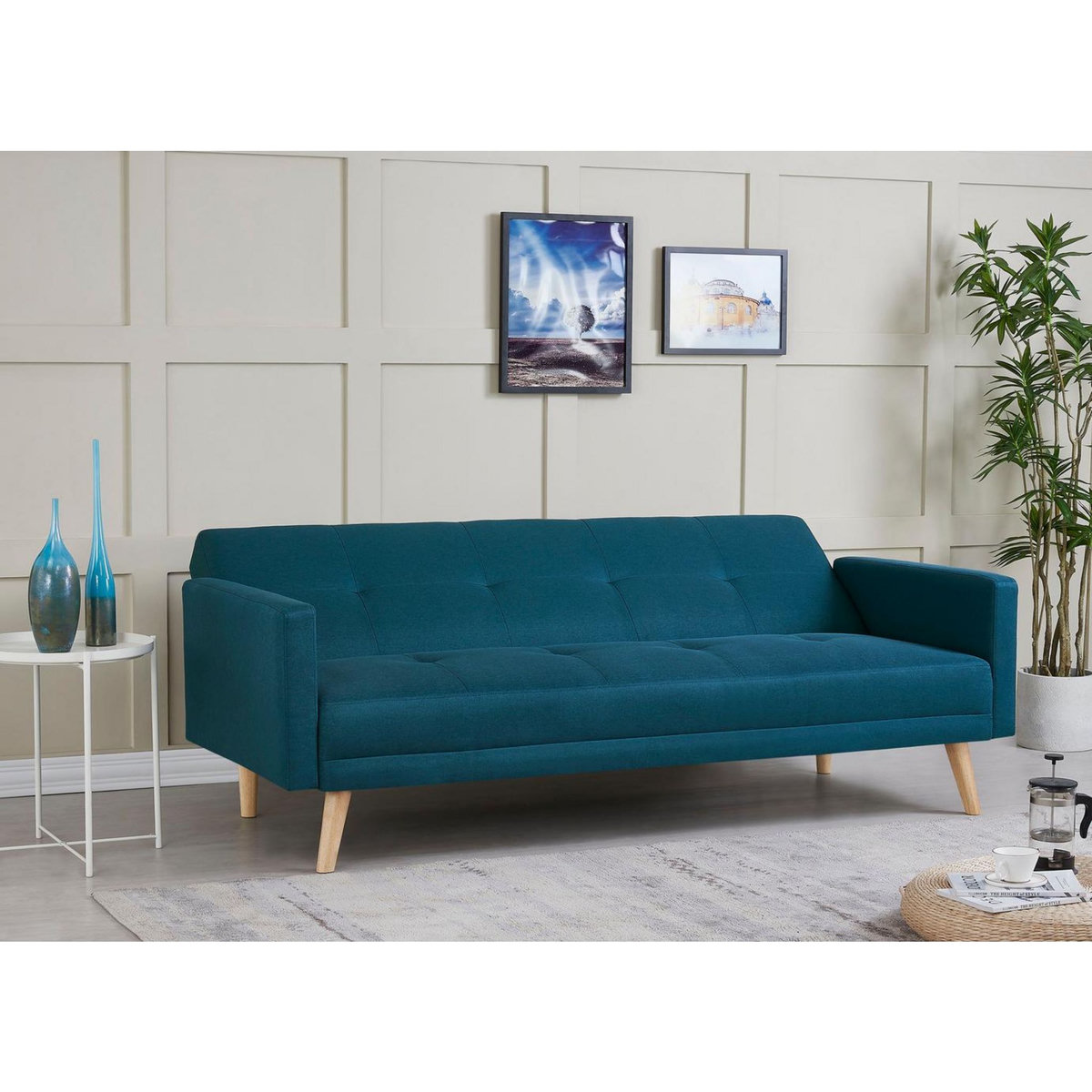 CONCEPT USINE Canapé scandinave convertible 3 places en tissu bleu canard WOODEN