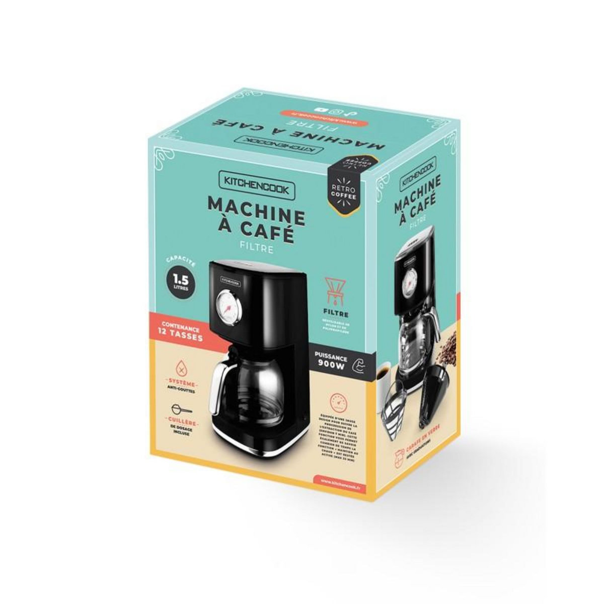 KITCHENCOOK Cafetière Style Rétro Avec Filtre Nylon Réutilisable Retro Coffee Noir Kitchencook