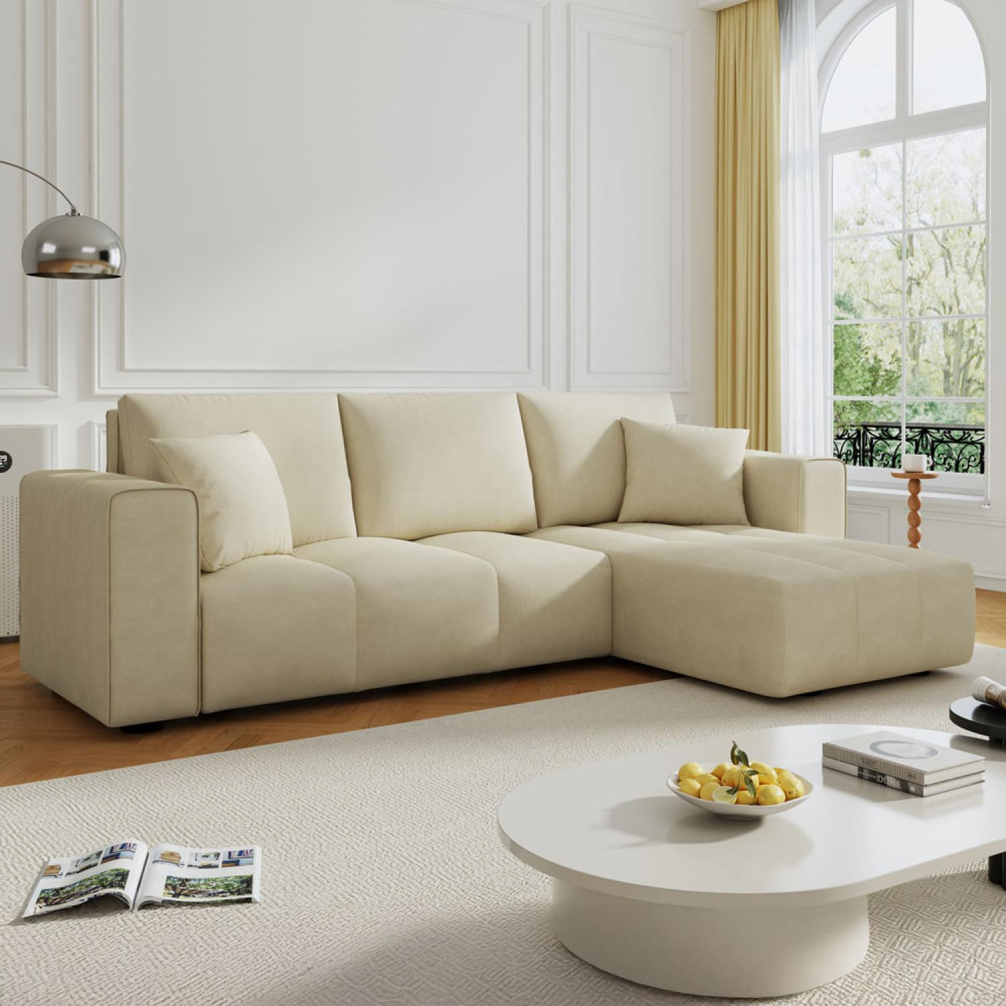 Voir la diapositive 4 : CONCEPT USINE Canapé d'angle convertible 4 places avec coffre en velours beige brighton