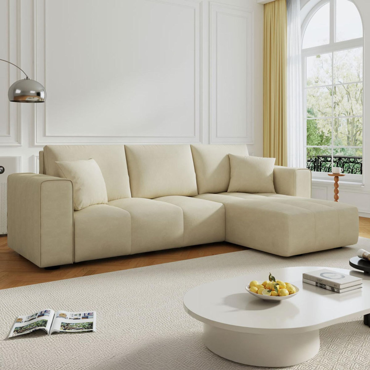 CONCEPT USINE Canapé d'angle convertible 4 places avec coffre en velours beige BRIGHTON