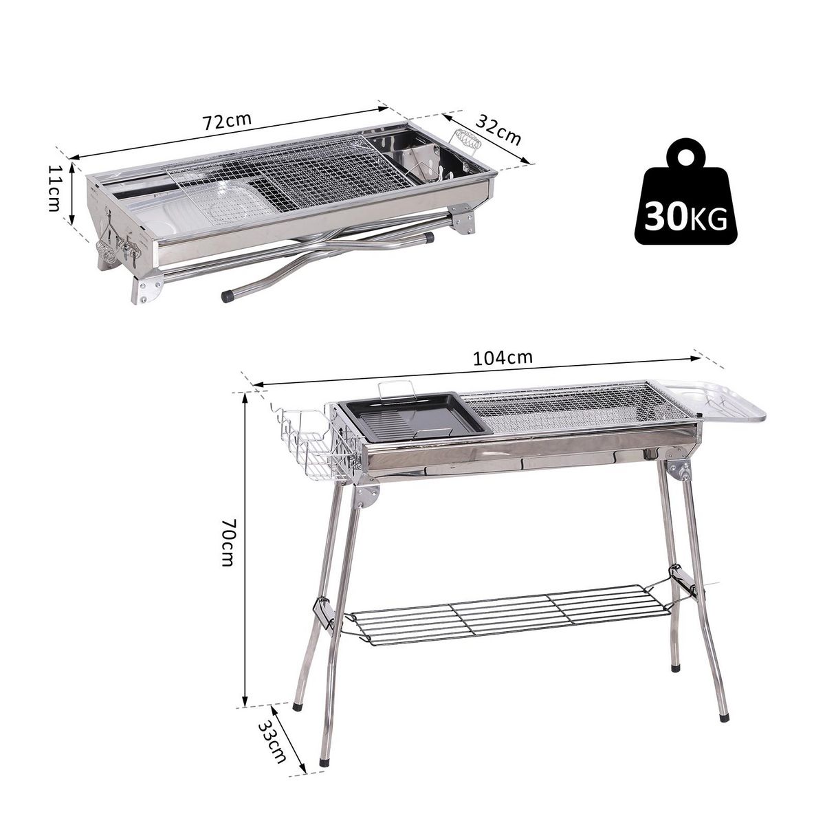 OUTSUNNY Outsunny Barbecue à charbon pliable portable BBQ grill sur pied avec étagères + grille + plaque cuisson dim. 104L x 33l x 70H cm acier inox.