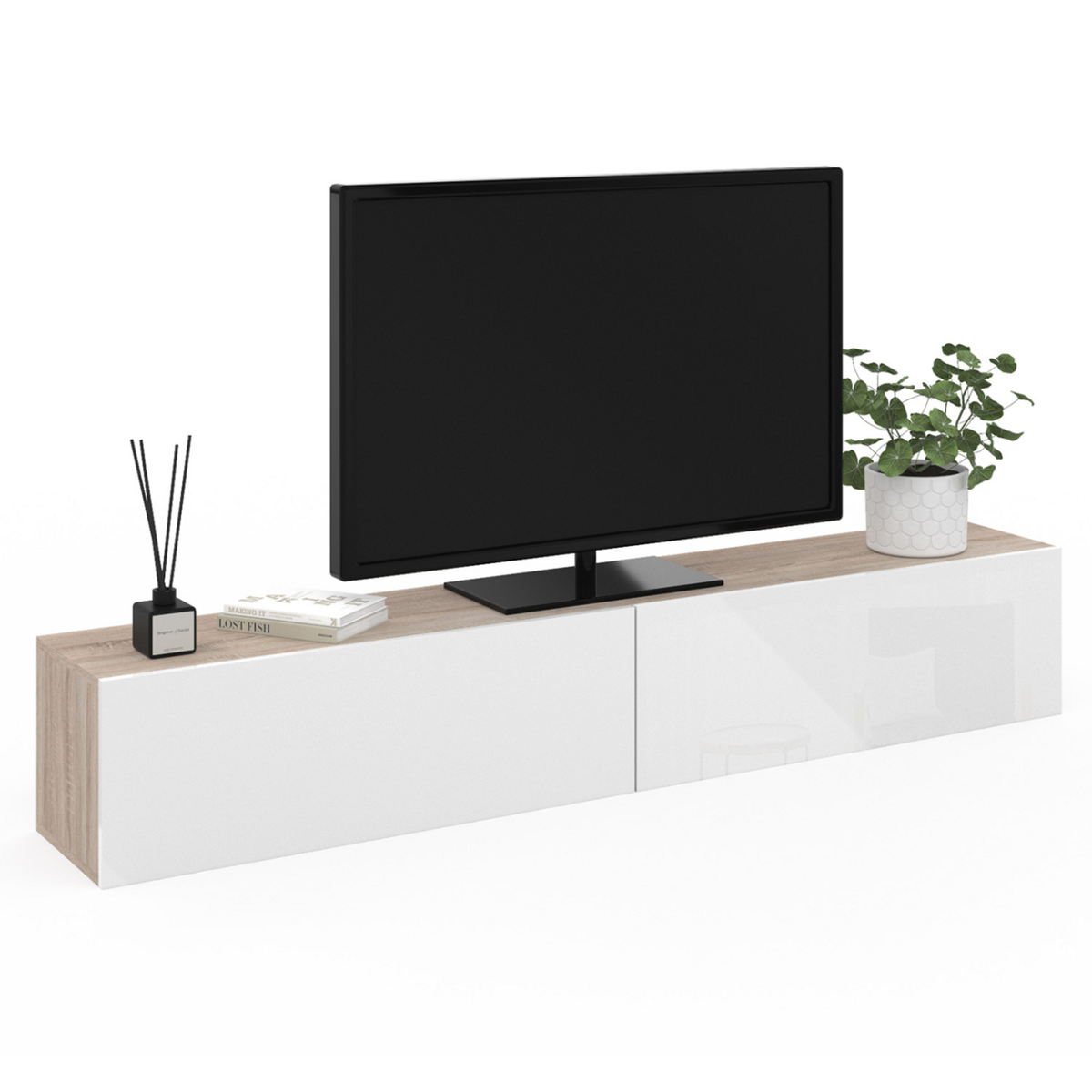 ID MARKET Meuble TV 180 cm suspendu ELIO 2 portes bois et blanc