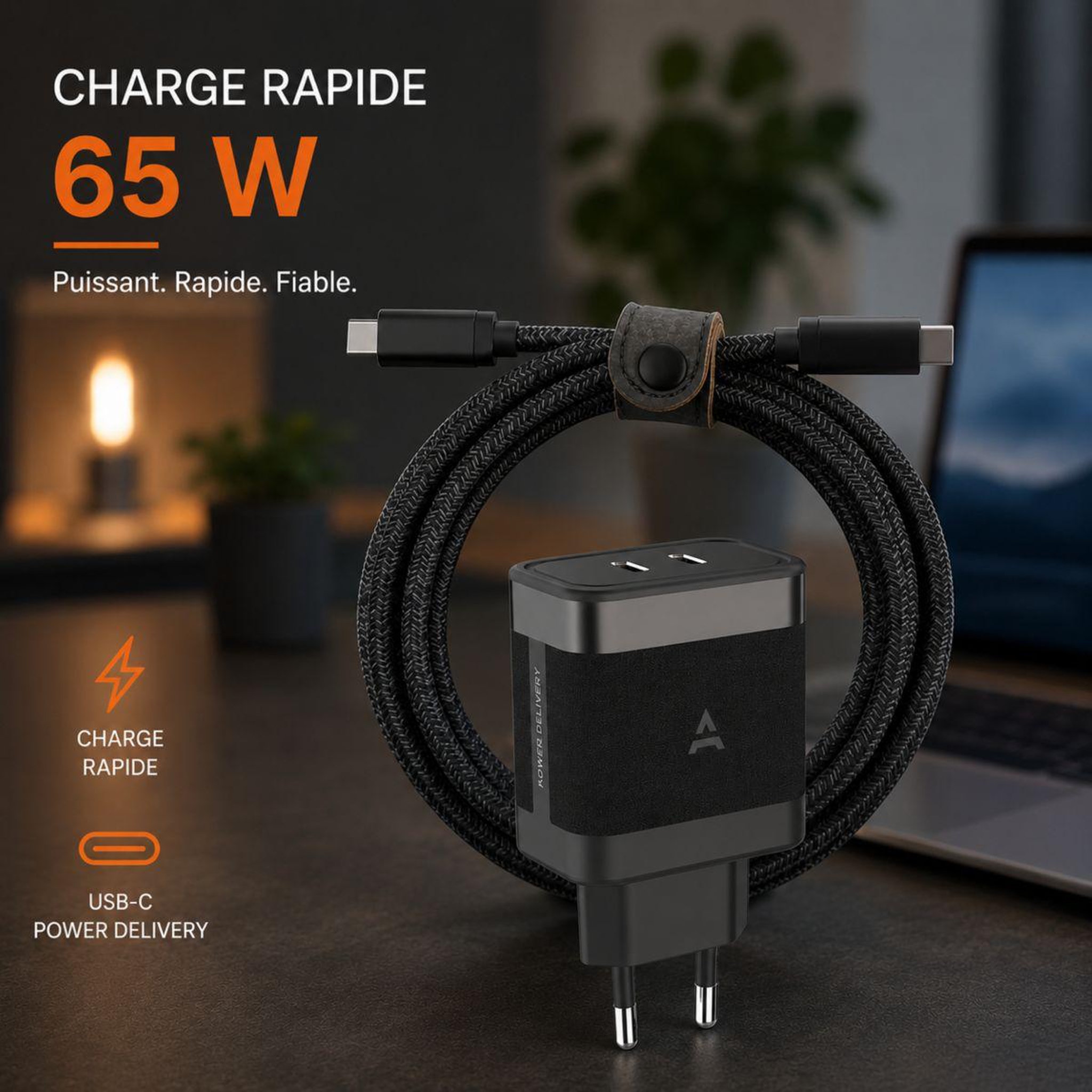 Voir la diapositive 2 : ADEQWAT Chargeur ordinateur portable 65w 2 usb-c + cable usb-c 2m - noir
