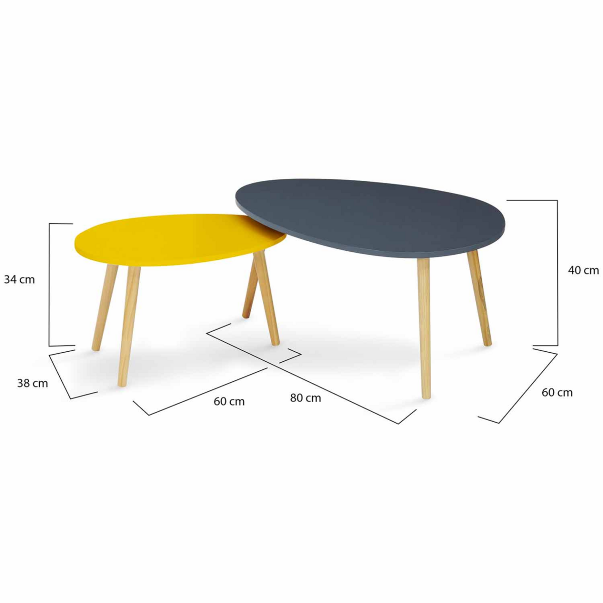 ID MARKET Lot de 2 tables basses gigognes GAIA laquées gris jaune scandinave