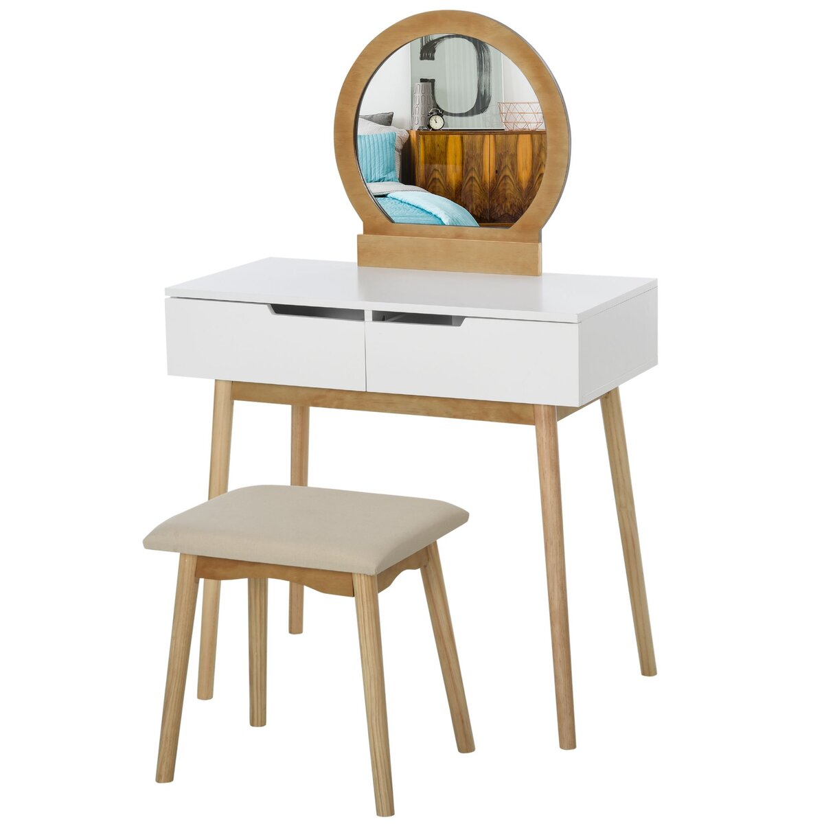 HOMCOM Coiffeuse design scandinave table de maquillage avec miroir, 2 tiroirs et tabouret blanc pin clair