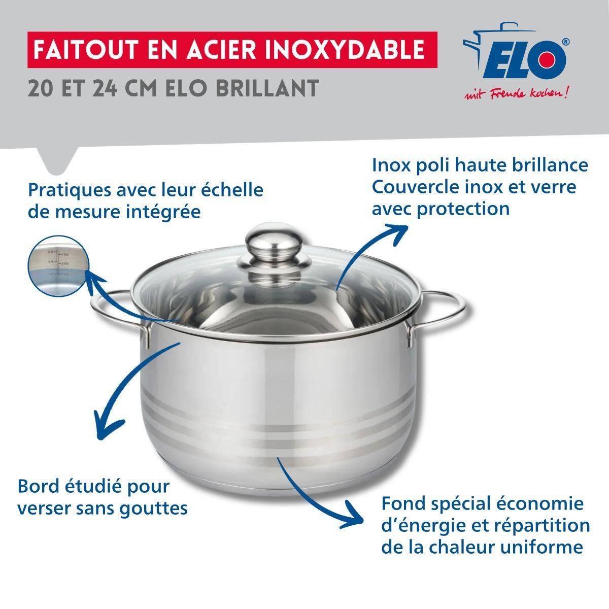 ELO Lot de 2 faitouts 20 et 24 cm en acier inoxydable sans PFAS Elo Brillant