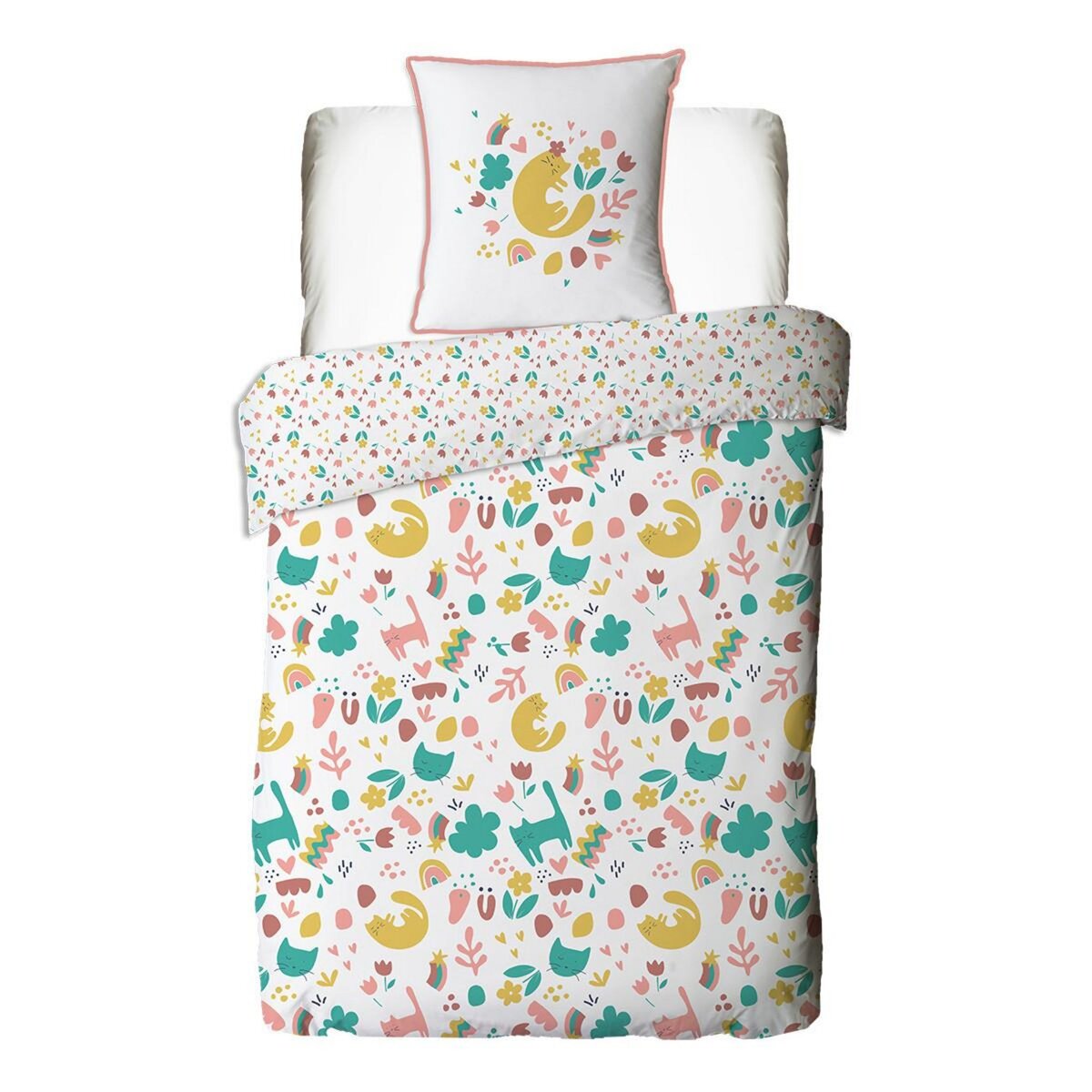 FUTURE HOME Parure de lit enfant chat réversible fleurie 140x200cm