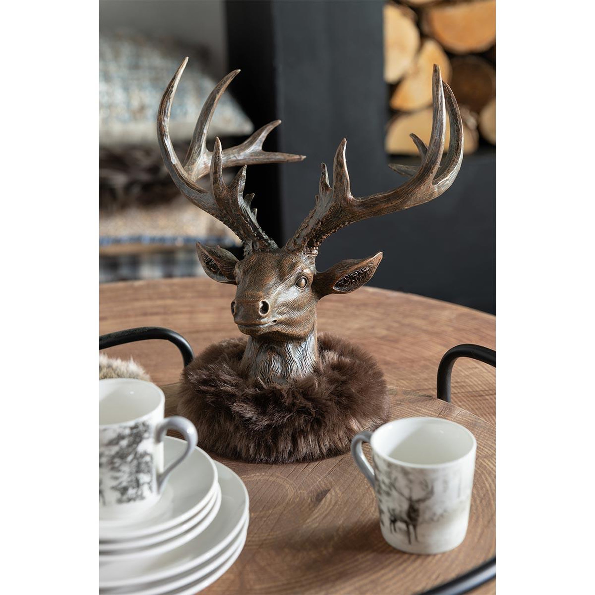 Voir la diapositive 3 : J-LINE Tête de renne en résine  fausse fourrure  25cm marron