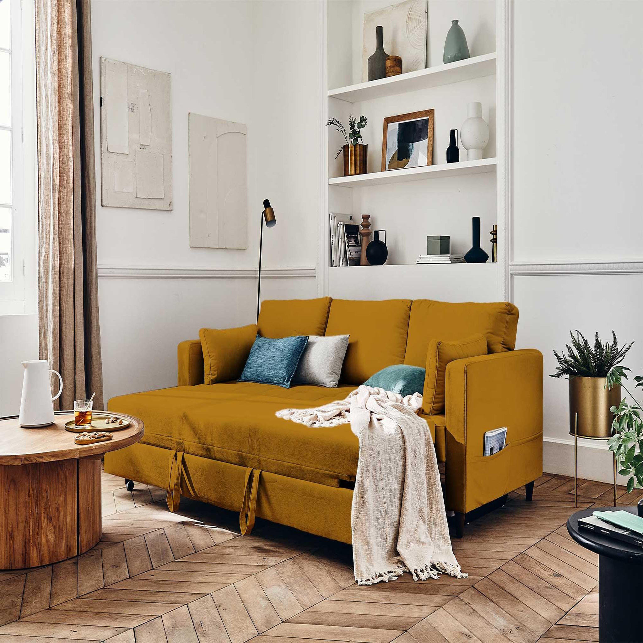 Voir la diapositive 2 : BEST MOBILIER Anna - canapé droit 3 places convertible avec poche en velours