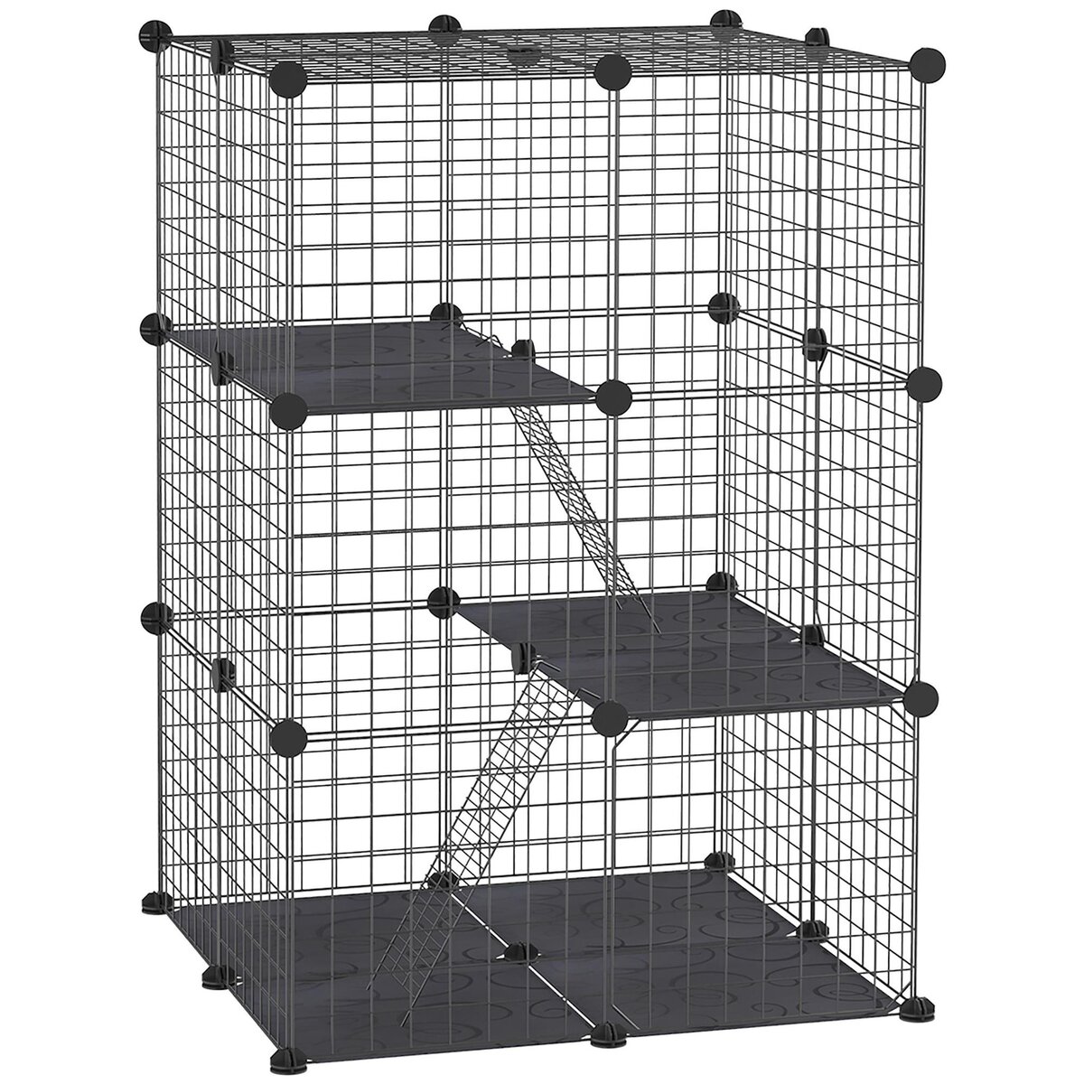 PAWHUT Cage parc enclos modulable rongeurs 3 niveaux 39 panneaux fil métallique PP noir