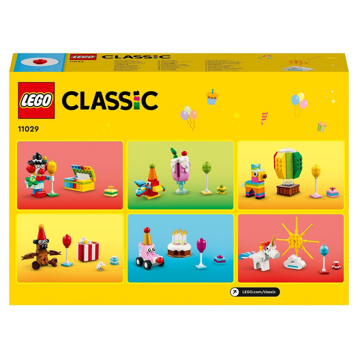 LEGO Classic 11029 - Boîte de fête créative, Ensemble de Briques, à Jouer en Famille, Comprend 12 Mini Jouets : Ourson, Clown, Licorne,