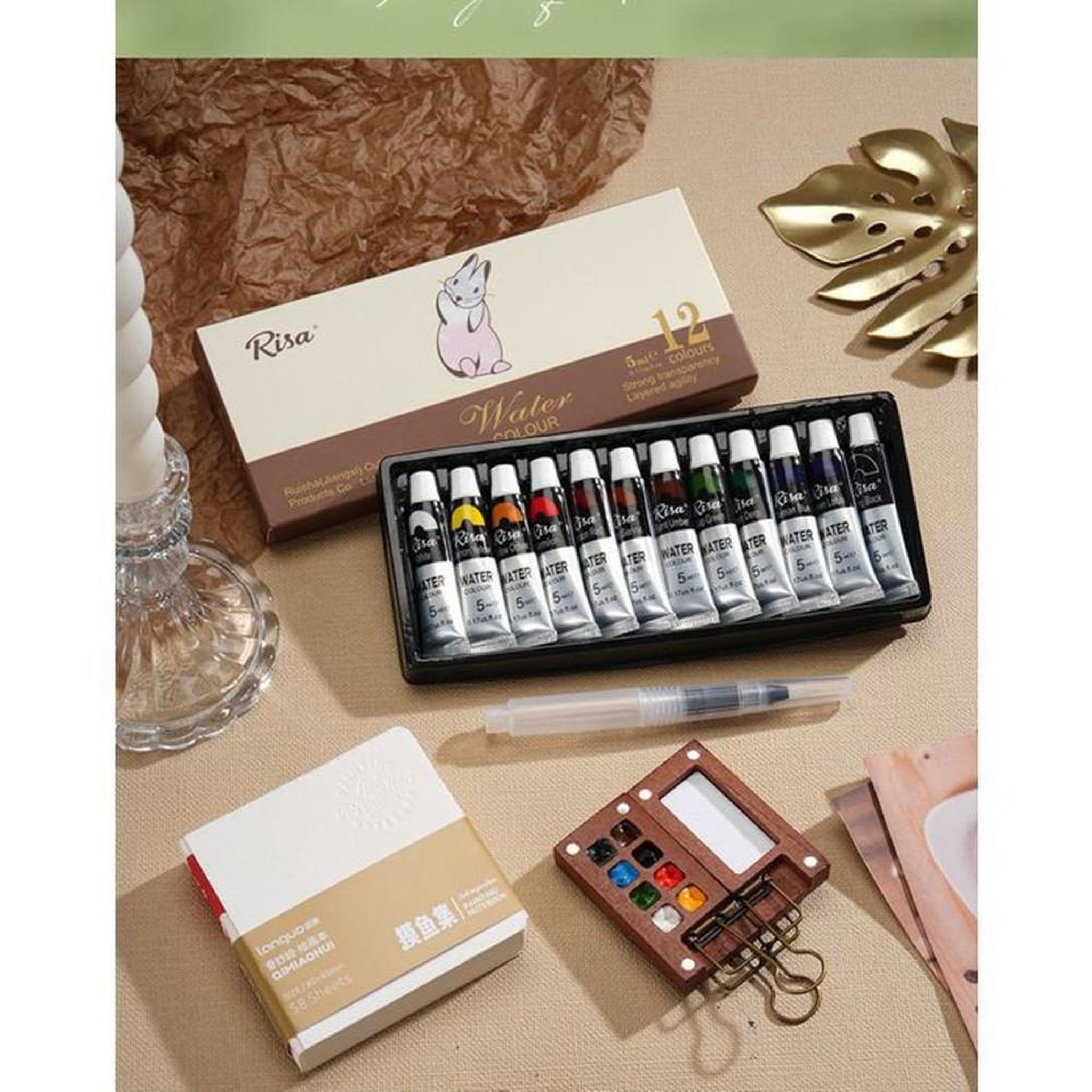 Voir la diapositive 6 : Kit palette portable aquarelle gouache 8 couleurs en bois de noyer avec pinceau à réservoir rechargeable et carnet de croquis 300 g/m²