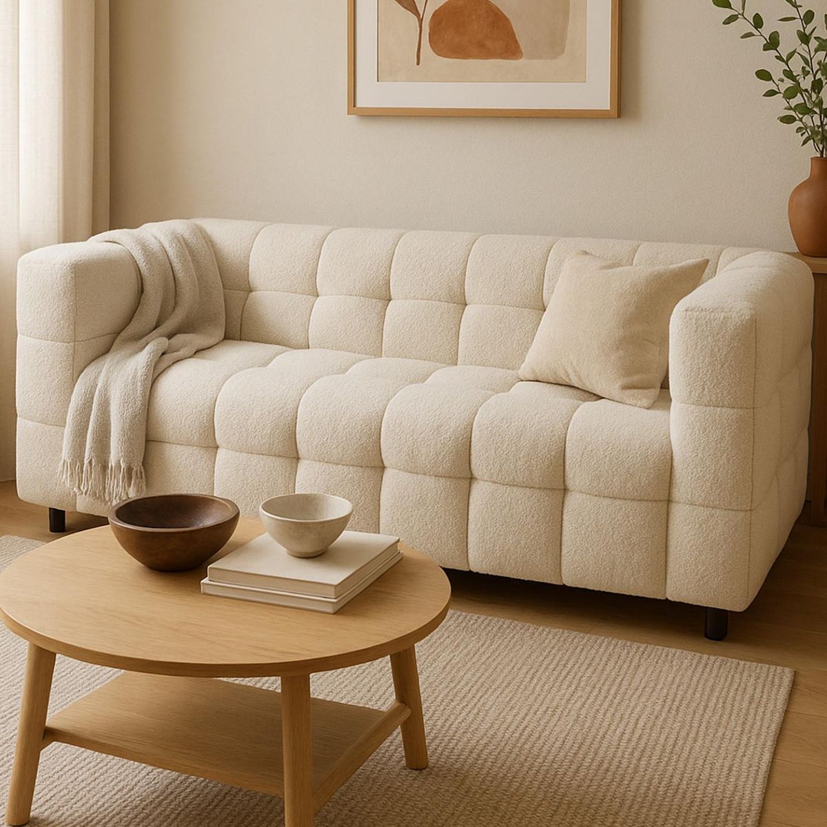 ID MARKET Canapé droit 2 places capitonné AMANCE en tissu bouclette beige