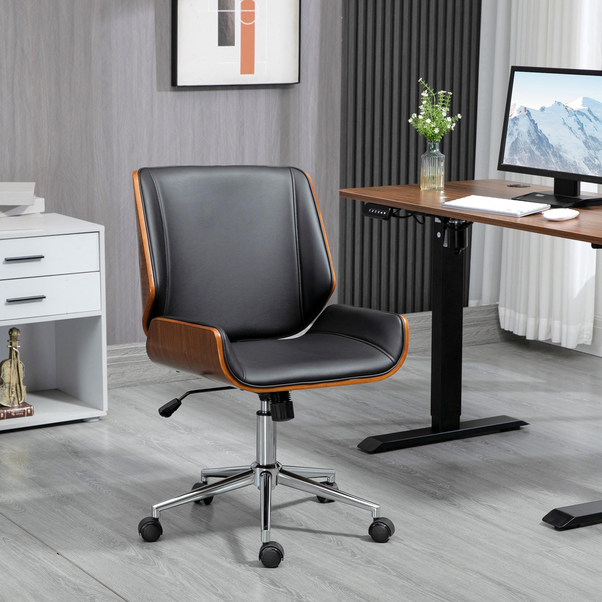 Voir la diapositive 2 : VINSETTO Chaise de bureau manager design vintage pivotante hauteur réglable bois peuplier acier chromé revêtement mixte synthétique tissu noir