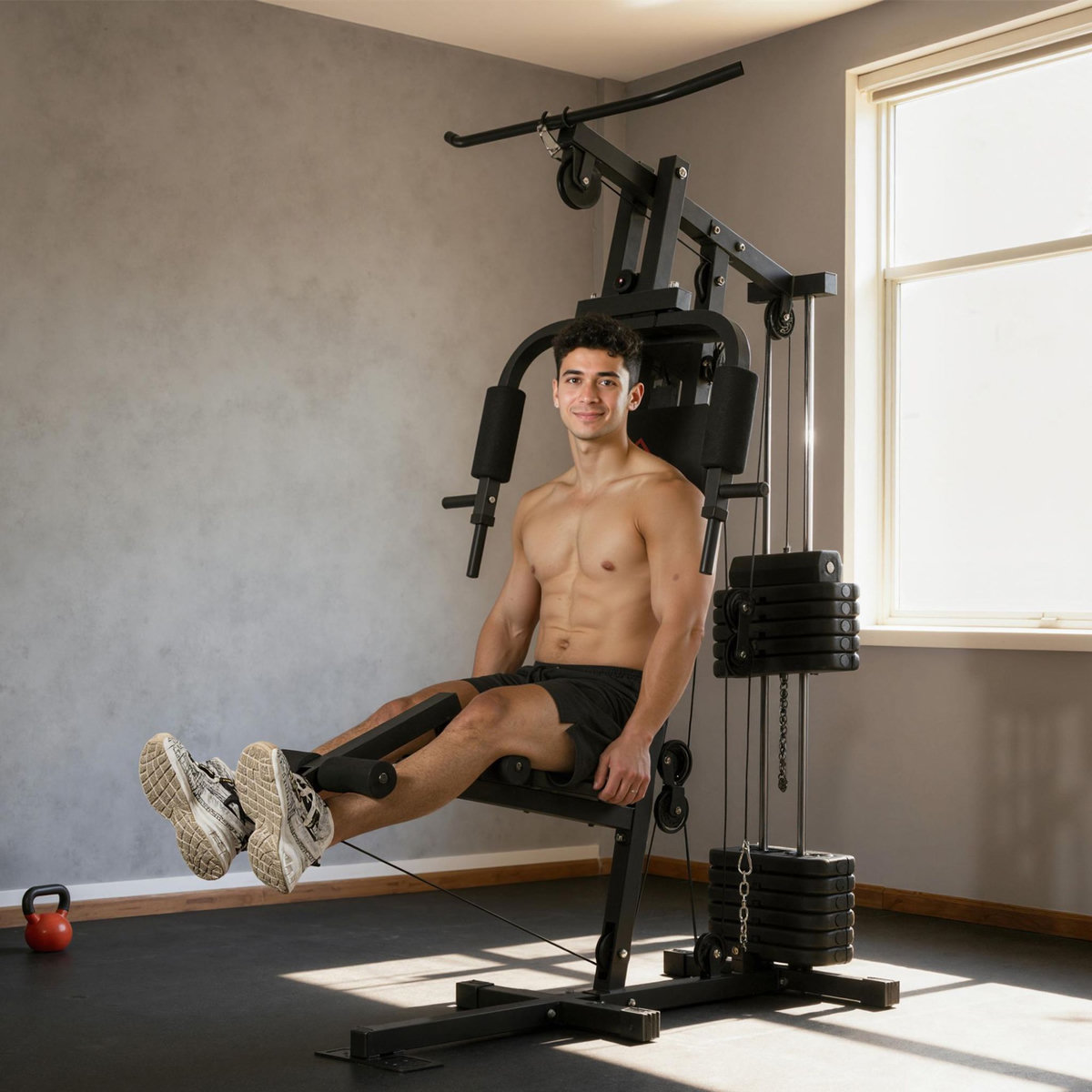 HOMCOM Station de musculation - développé couché, butterfly, barre latissimus, curler, bande résistance - 12 contrepoids - acier noir