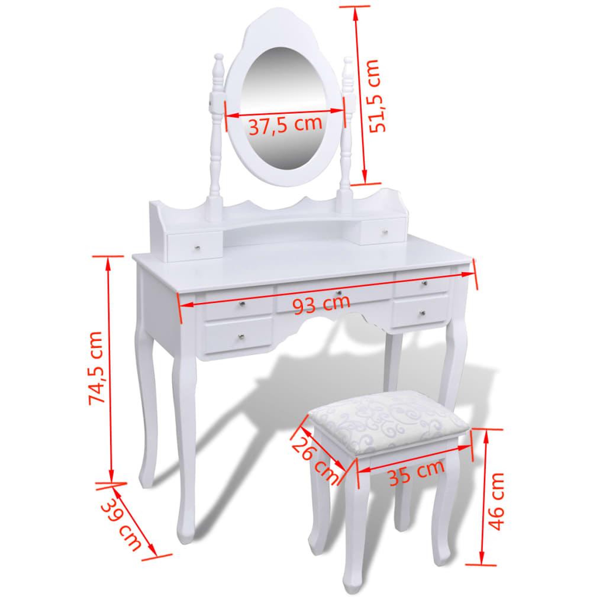Voir la diapositive 6 : VIDAXL Coiffeuse avec miroir et tabouret 7 tiroirs blanc