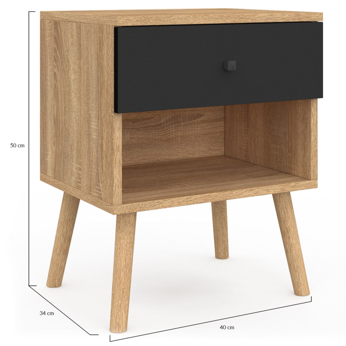 ID MARKET Lot de 2 tables de chevet EMMIE scandinaves 1 tiroir avec niche hêtre et noir