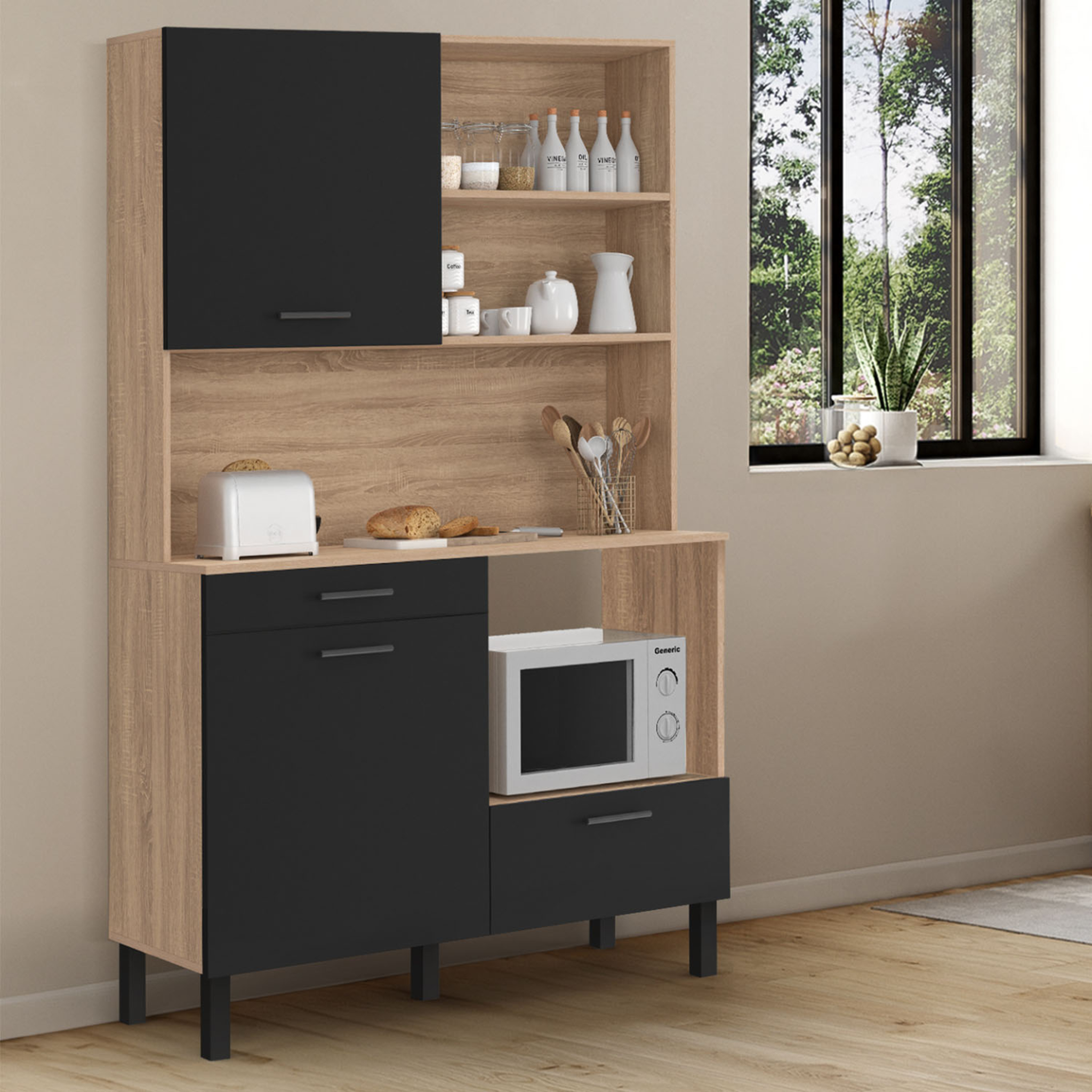 Voir la diapositive 2 : ID MARKET Buffet de cuisine 120 cm cina 3 portes + 1 tiroir façon hêtre et noir