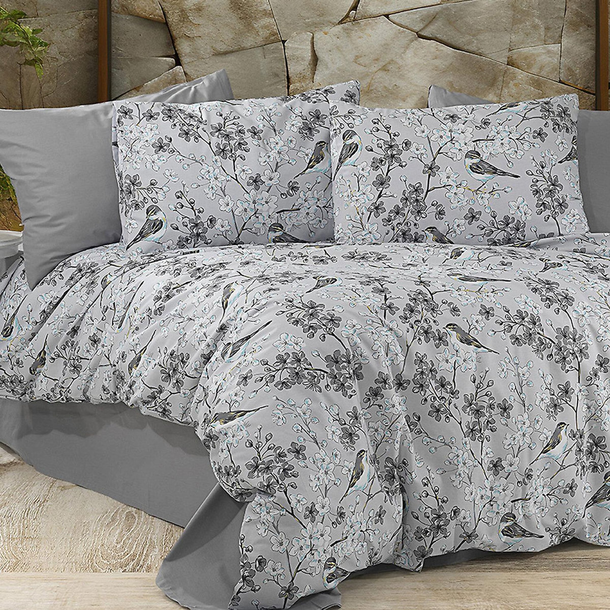 Home collection Parure housse de couette 100% coton 57 fils imprimé Petalla gris