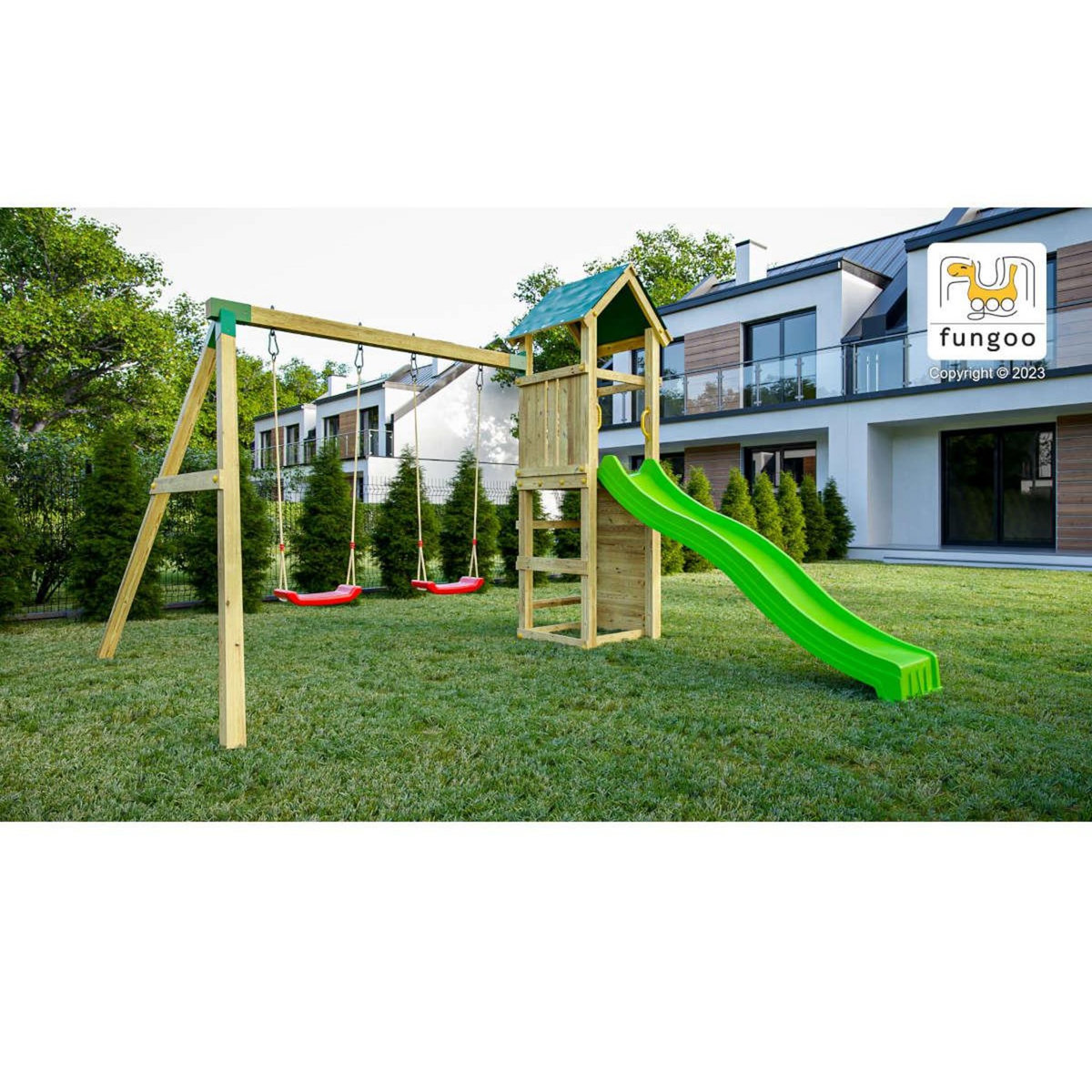 Fungoo Aire de jeux Charly avec balançoire double et mur d'escalade - Fungoo