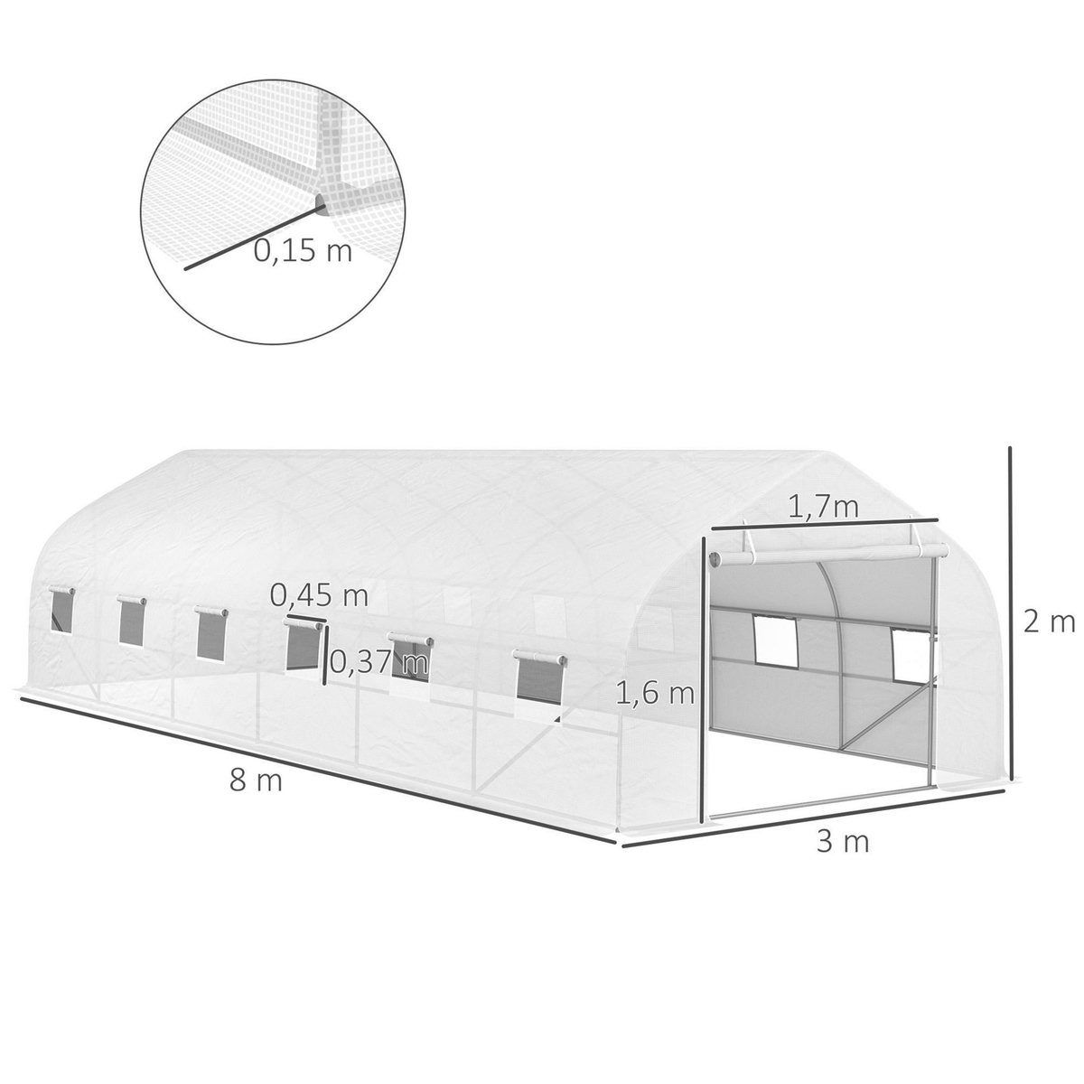 OUTSUNNY Serre tunnel grande taille 24 m² châssis tubulaire acier galvanisé renforcé 2,4 cm 12 fenêtres 1 porte blanc