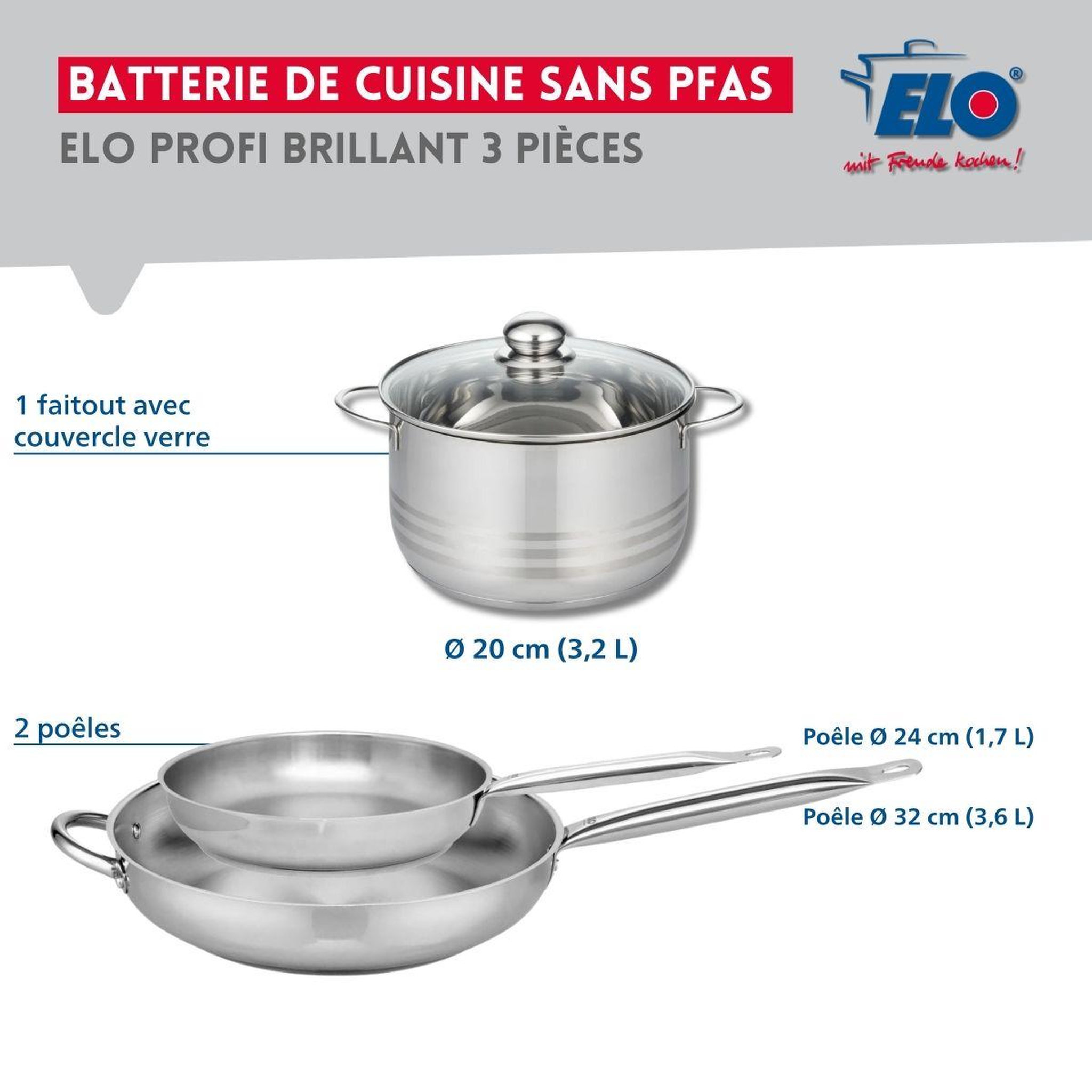 Voir la diapositive 2 : ELO Ensemble de 2 poêles de cuisson 24 et 32 cm et 1 faitout 20 cm elo profi brillant