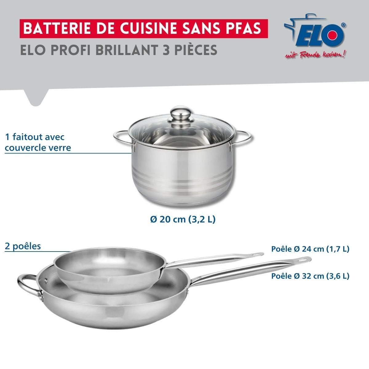 ELO Ensemble de 2 Poêles de cuisson 24 et 32 cm et 1 faitout 20 cm Elo Profi Brillant