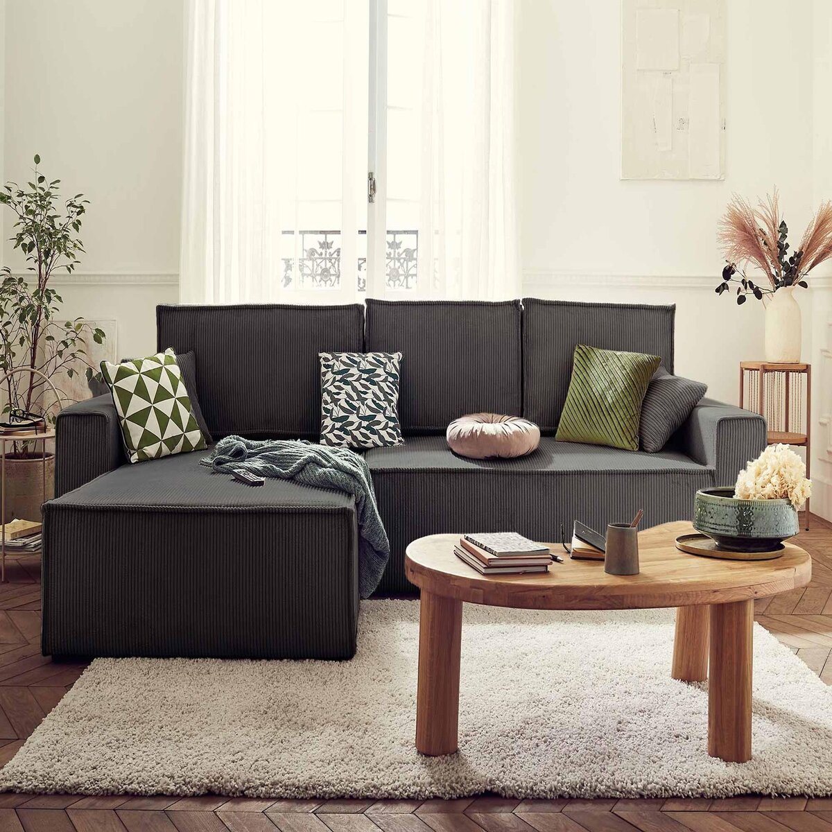 BEST MOBILIER Dellia - canapé d'angle réversible convertible - avec coffre - en velours côtelé - 4 places