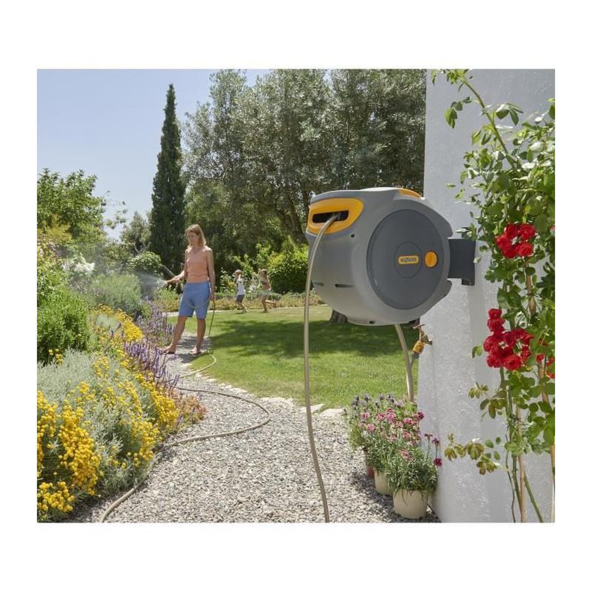 Voir la diapositive 2 : Hozelock Dévidoir caréné fixation murale enroulement automatique avec tuyau 25m