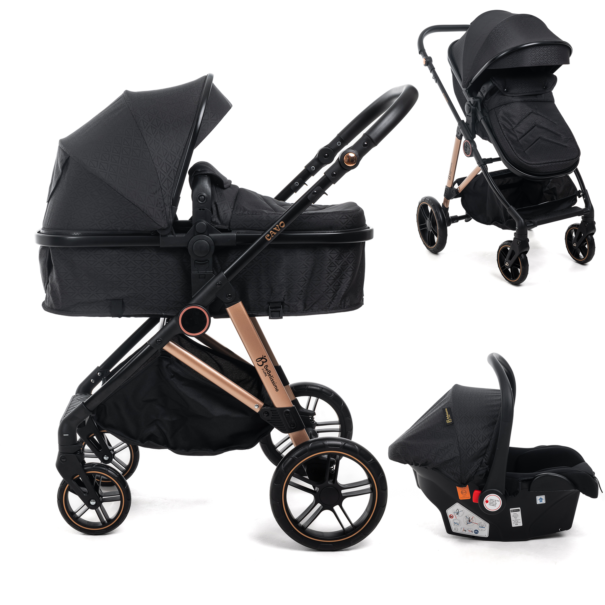 BEBELISSIMO Poussette combinée trio 3 en 1 - siège auto 0+ CAVO – nacelle – dès la naissance – jusqu'à 22kg - noir