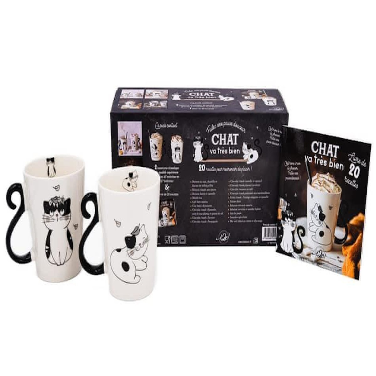 CHAT VA TRES BIEN. COFFRET AVEC 2 TASSES EN CERAMIQUE ET 1 LIVRE DE RECETTES, I2C