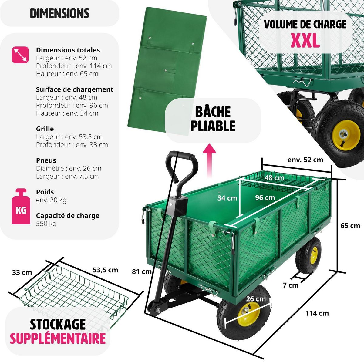 tectake Chariot de jardin chariot de transport avec des parois latérales rabattables vert
