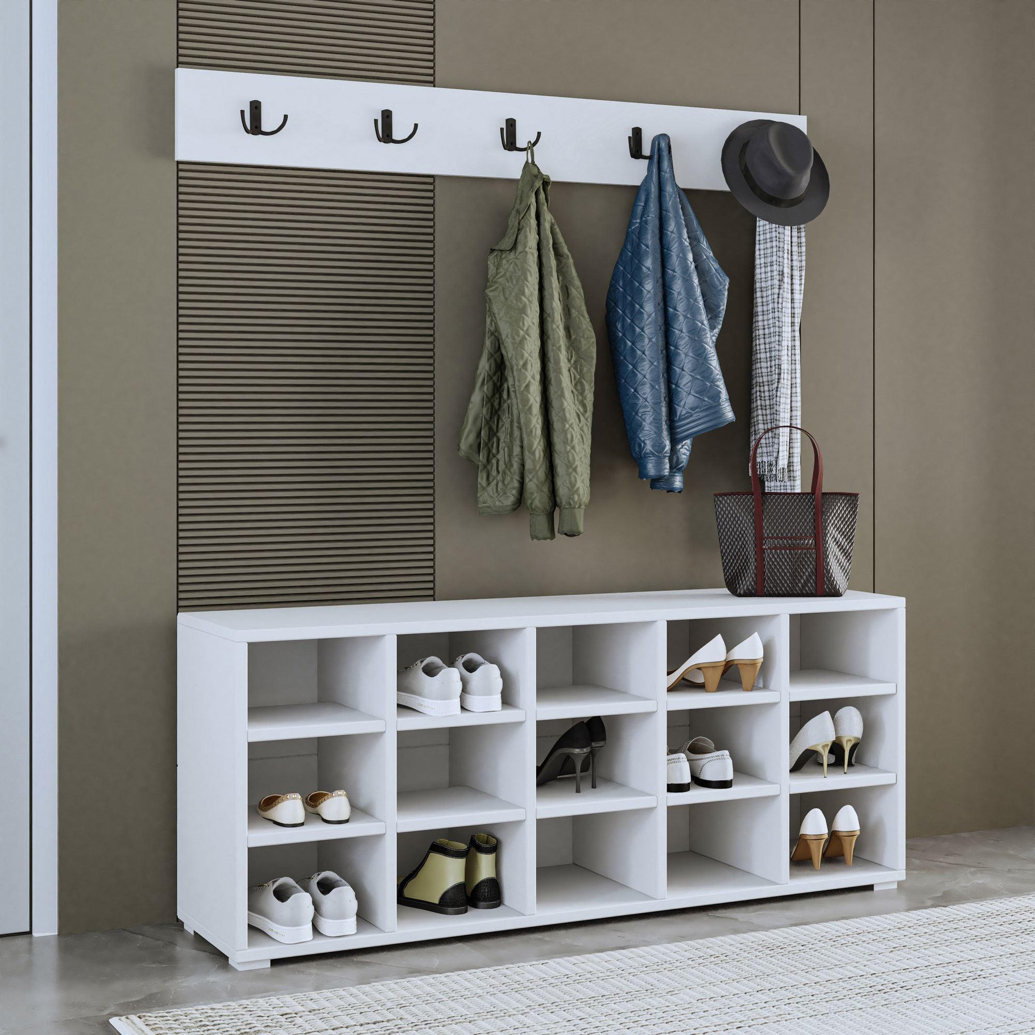 Voir la diapositive 4 : Habitat et Jardin Meuble à chaussures avec porte manteau en bois  talu  - 120 x 30 x 52 cm - blanc