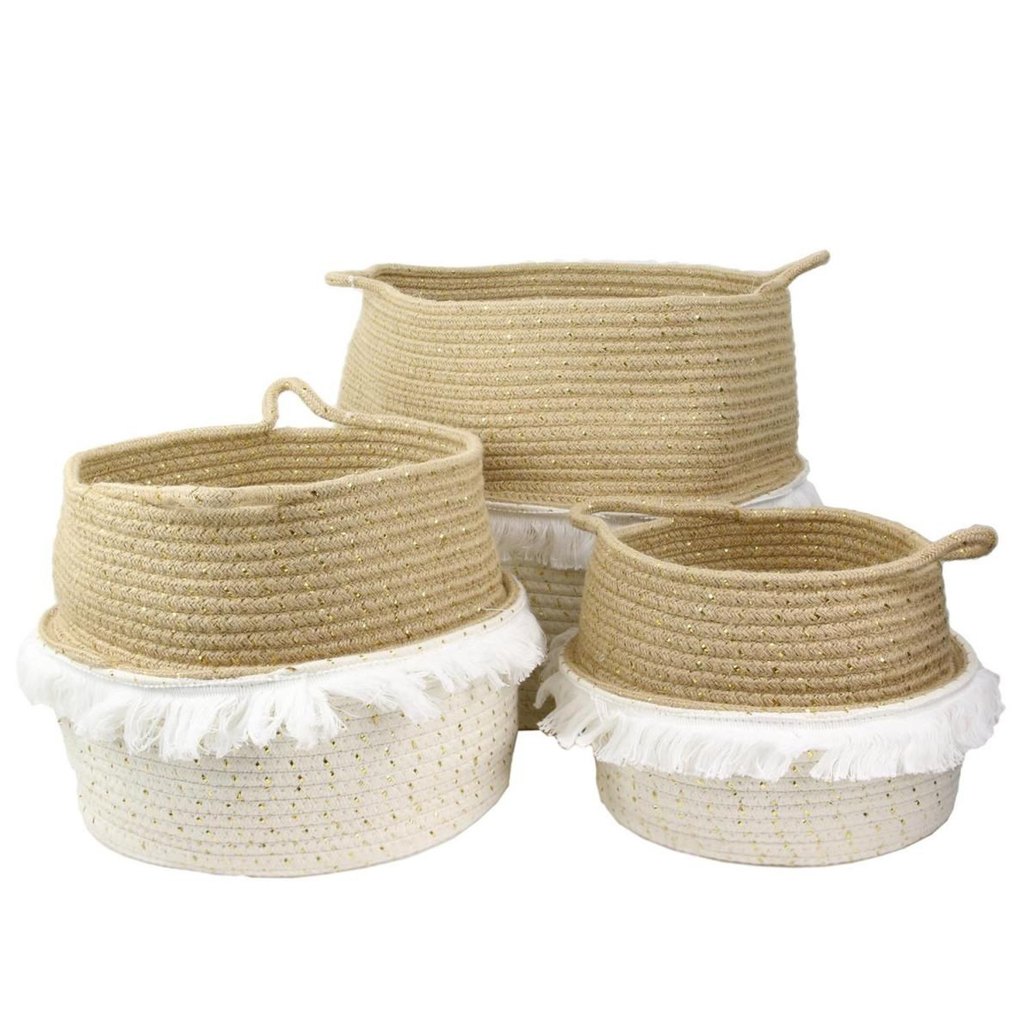 The Home Deco Factory Lot de 3 Paniers de Rangement  Franges  35cm Blanc