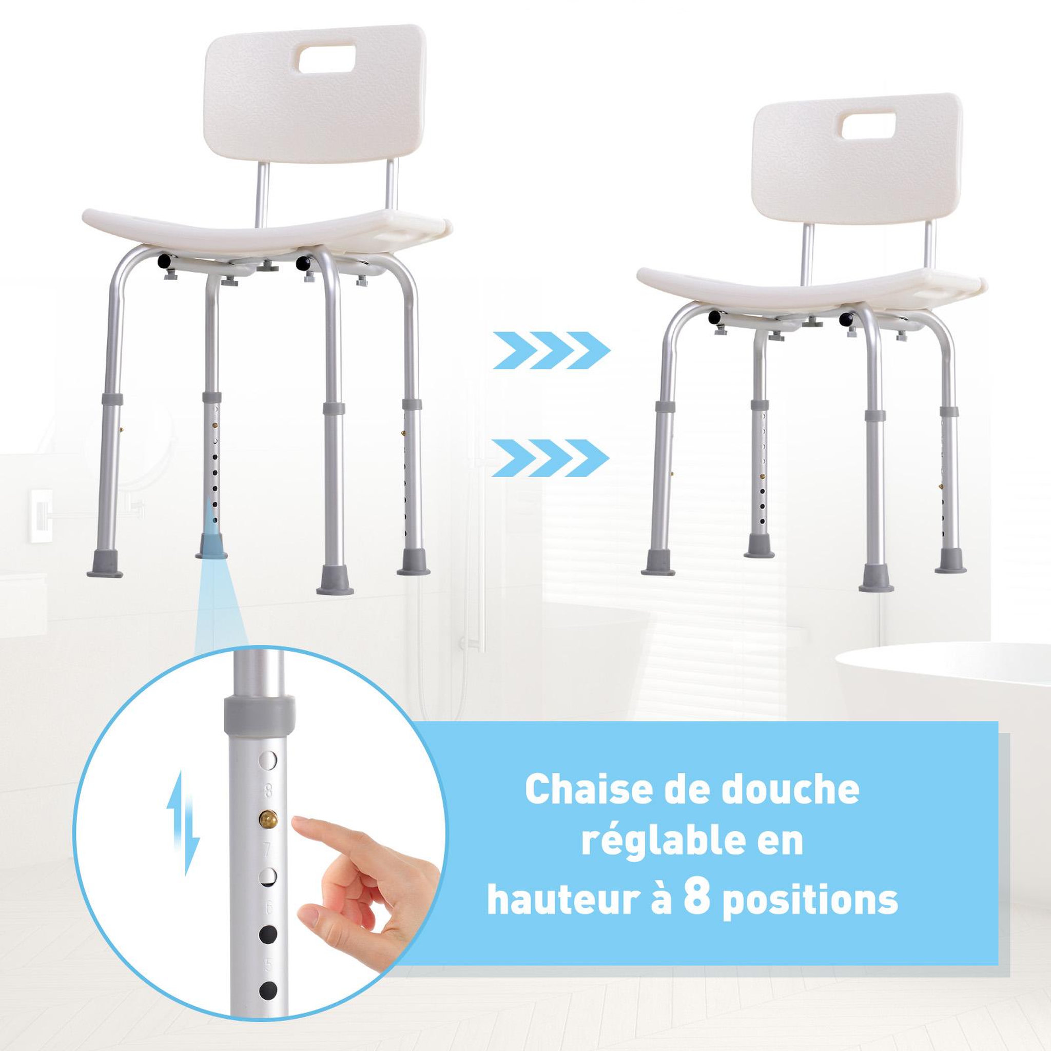 Voir la diapositive 3 : HOMCOM Chaise de douche siège de douche ergonomique hauteur réglable pieds antidérapants charge max. 136 kg alu hdpe blanc