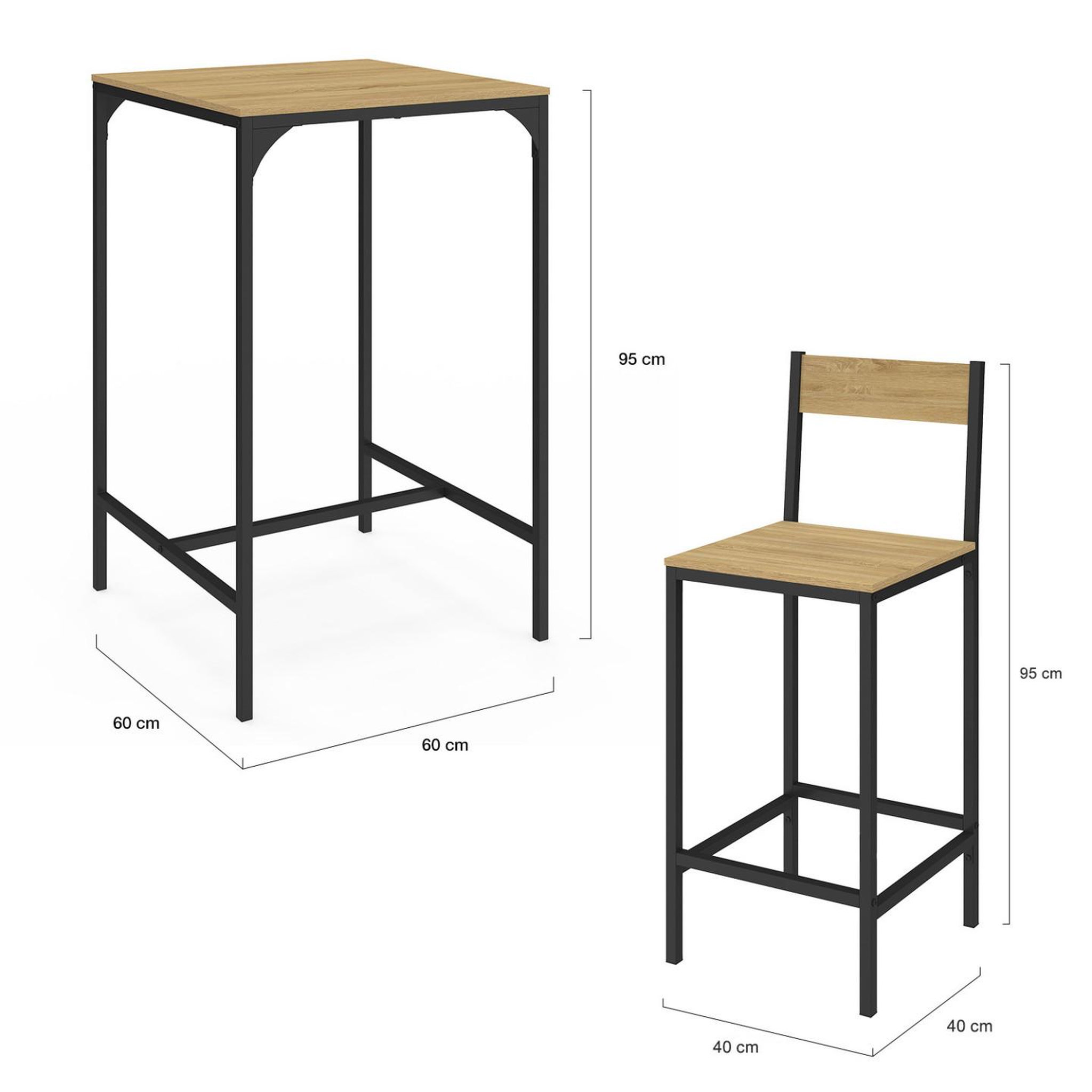 Voir la diapositive 4 : ID MARKET Ensemble table de bar carrée DETROIT 60 cm et 2 chaises de bar design industriel