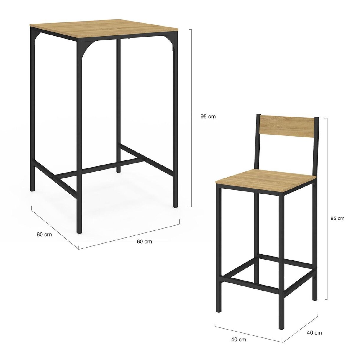 ID MARKET Ensemble table de bar carrée DETROIT 60 cm et 2 chaises de bar design industriel