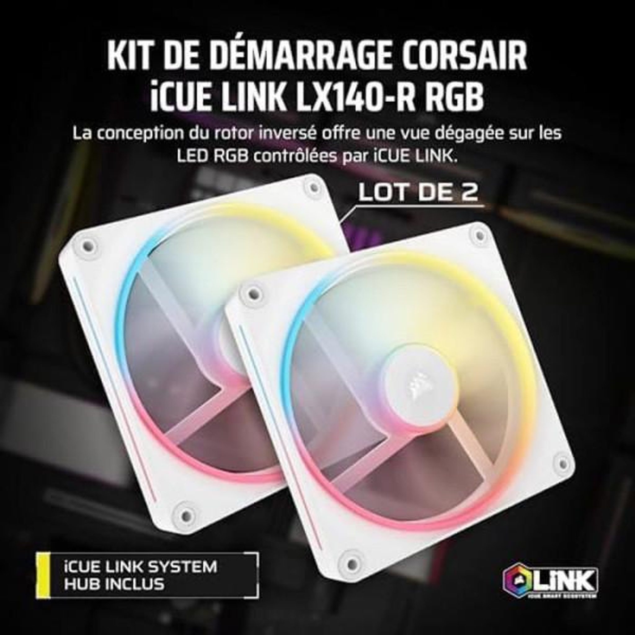 Voir la diapositive 2 : Corsair Ventilateur CORSAIR iCUE Link LX140-R RGB - 140 mm - blanc - Pack de 2