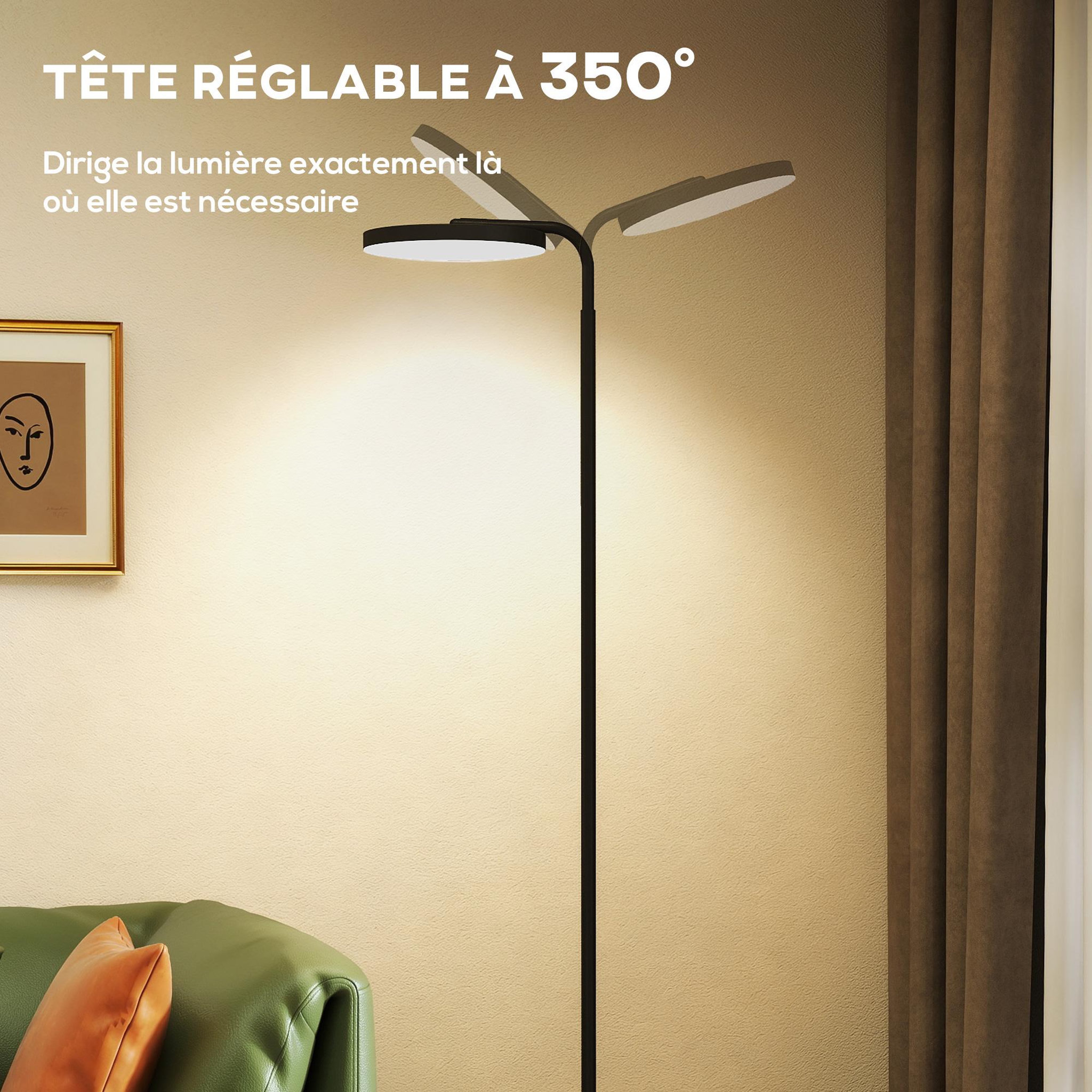 Voir la diapositive 6 : HOMCOM Lampadaire led sur pied - tête rotative 350° - réglable télécommande métal noir