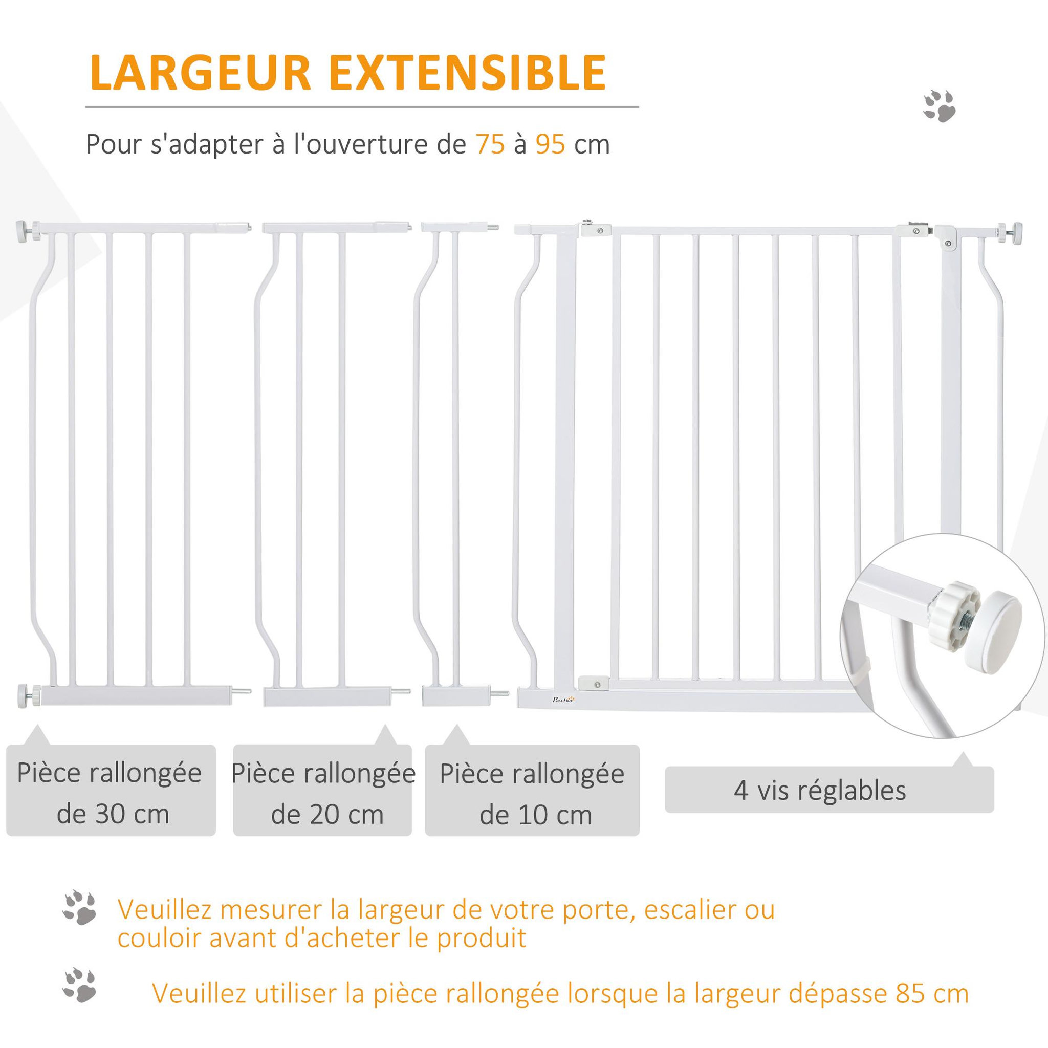 Voir la diapositive 5 : PAWHUT Barrière de sécurité animaux - longueur réglable dim. 75-145 cm - porte double verrouillage, ouverture double sens -sans perçage - acier abs blanc