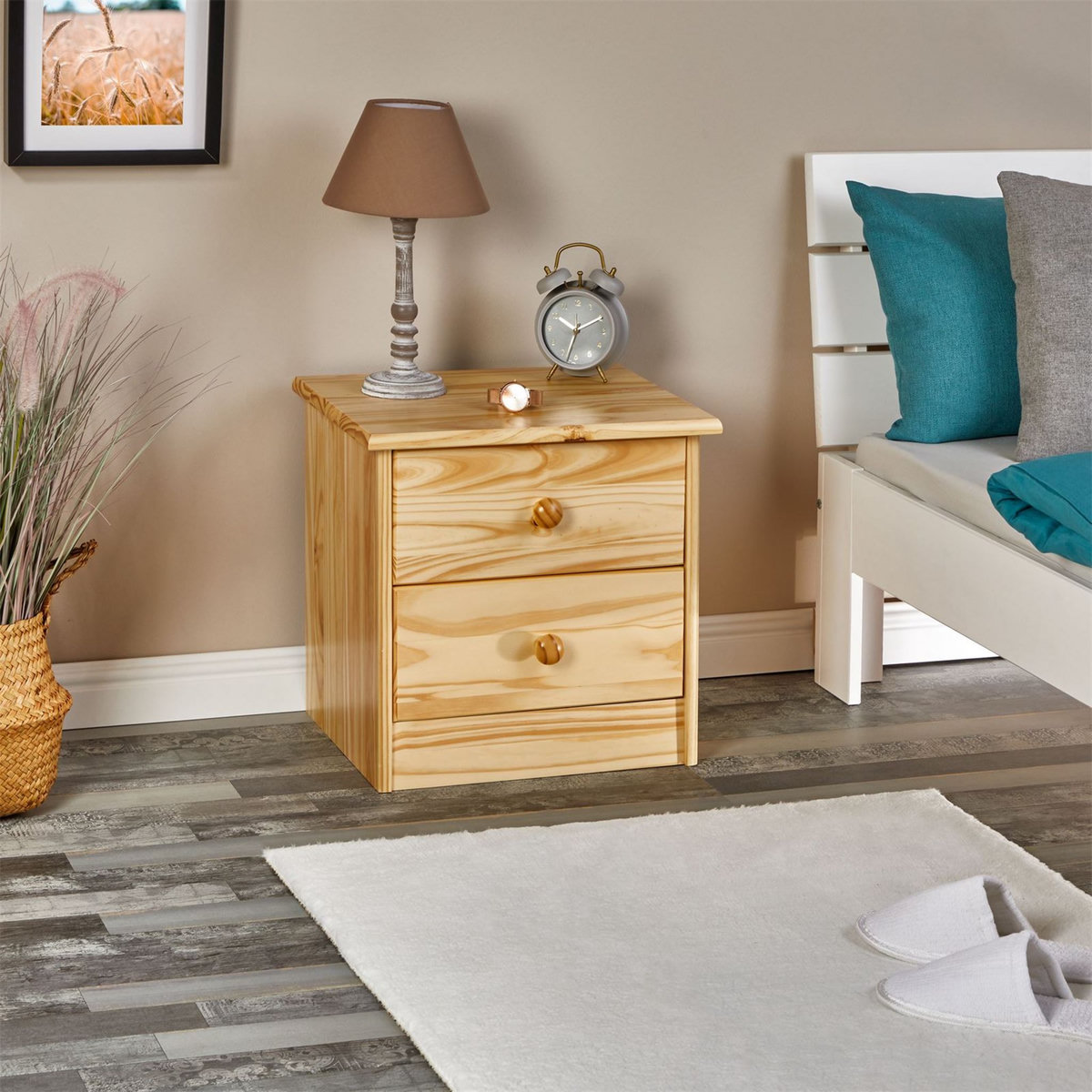 IDIMEX Table de chevet RONDO avec 2 tiroirs, table de nuit en pin massif, chevet en bois vernis naturel